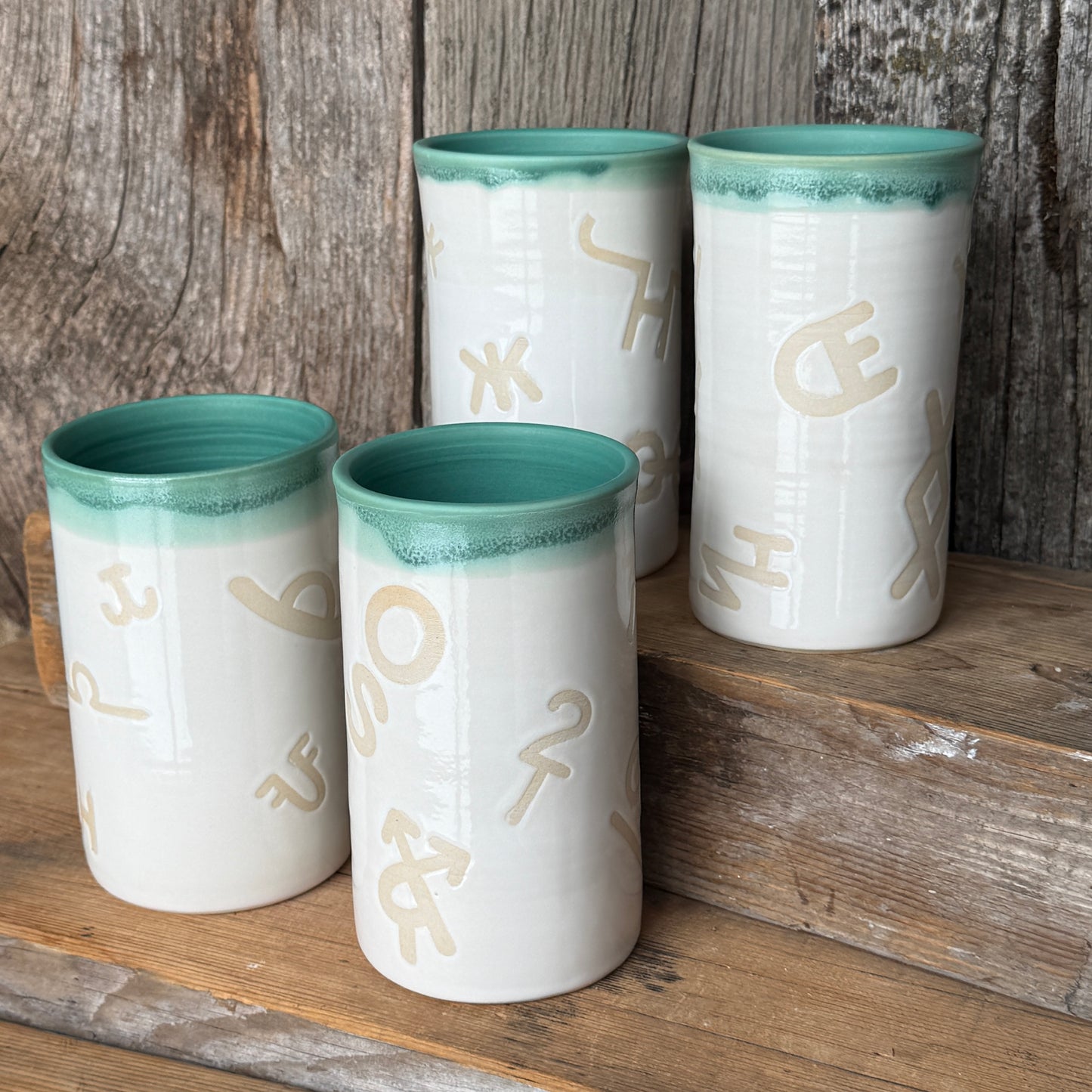 Cup Set of 4 - Branded  White and Turquoise