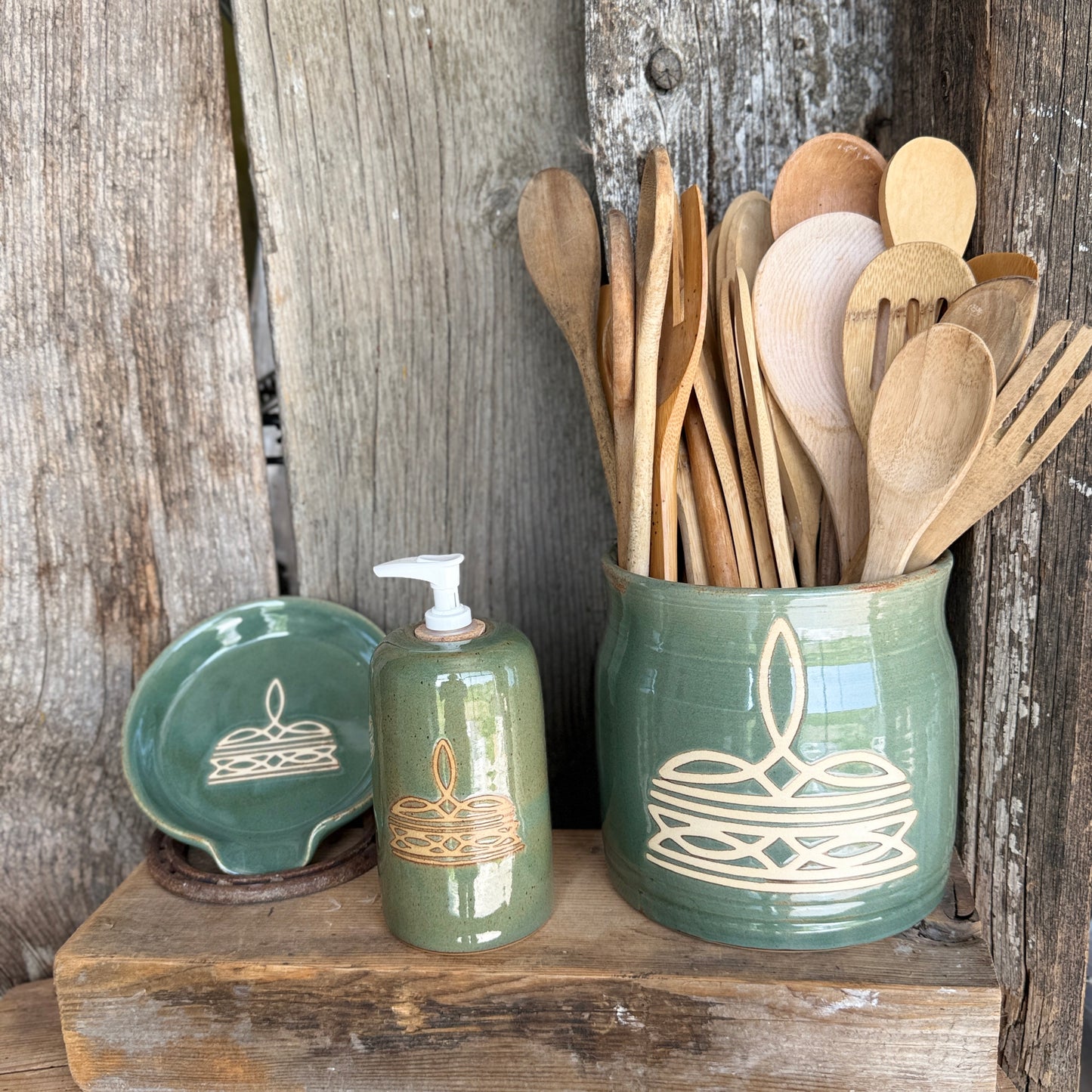 Kitchen Utensil Crock, soap, dispenser and Oil Bottle - Sagebrush Boot Stitch