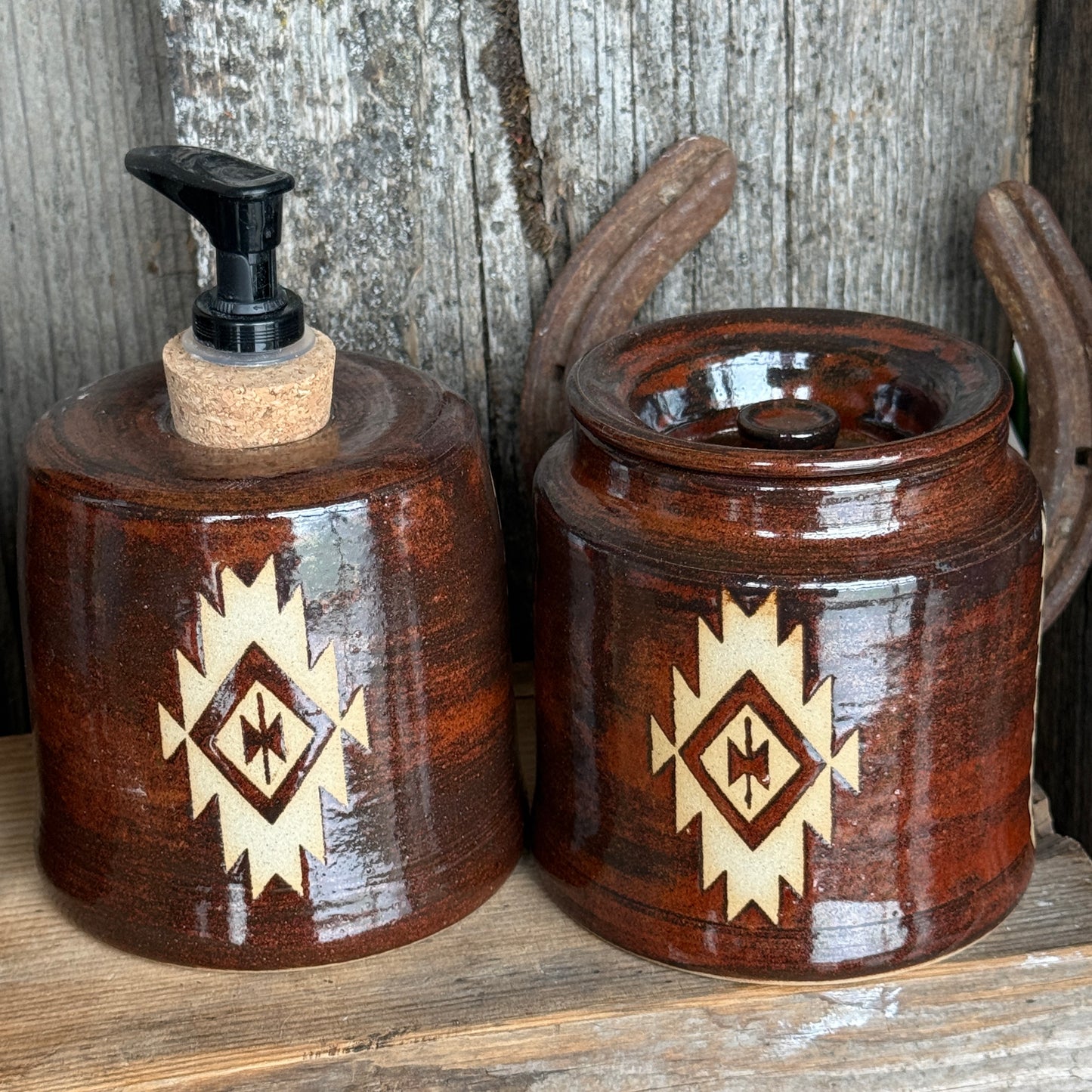 Bathroom Set of 4 - Soap Bottle, canister, and two electic toothbrush holders - Southwestern Rust