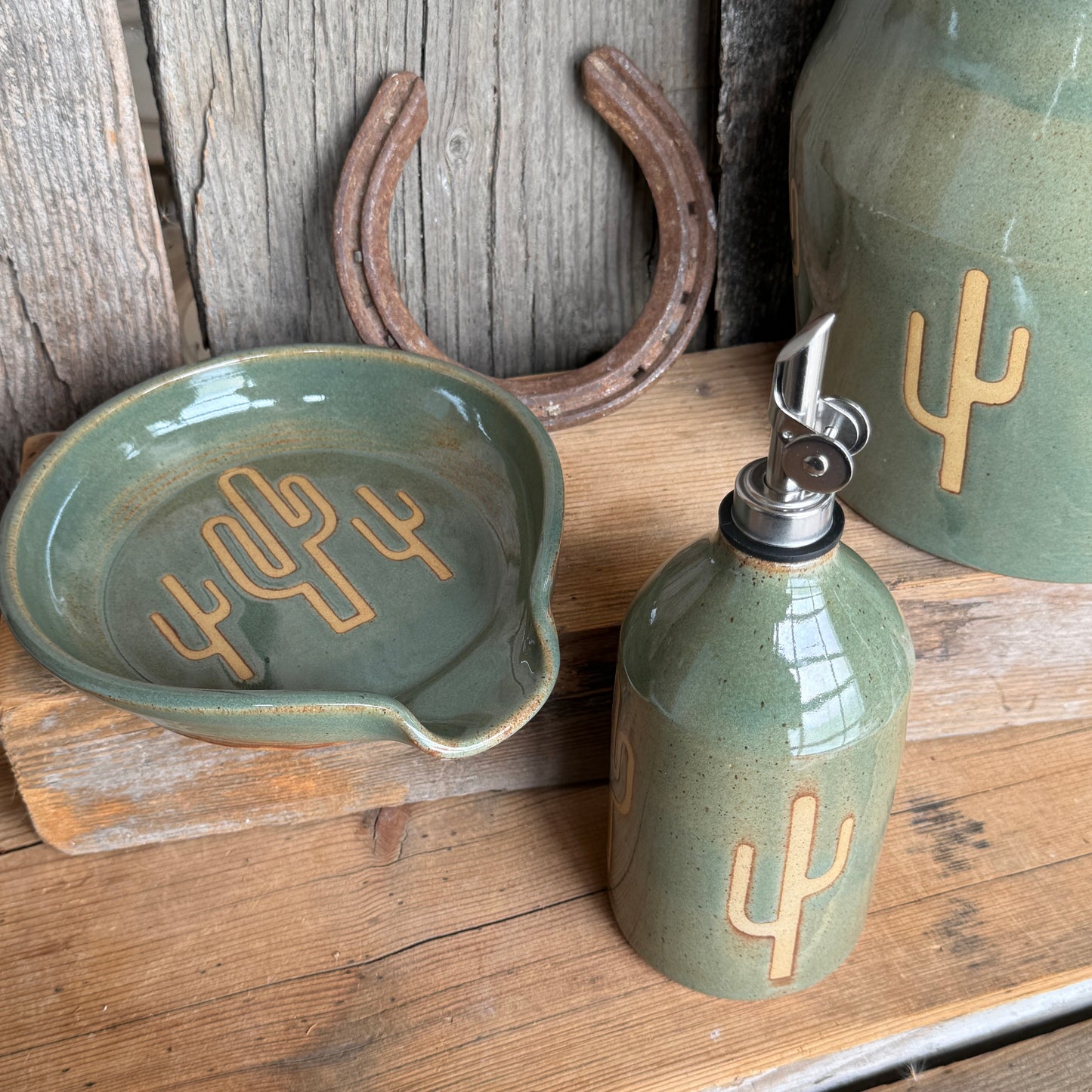 Kitchen Utensil Crock, spoon rest and Oil Bottle - Cactus Sagebrush
