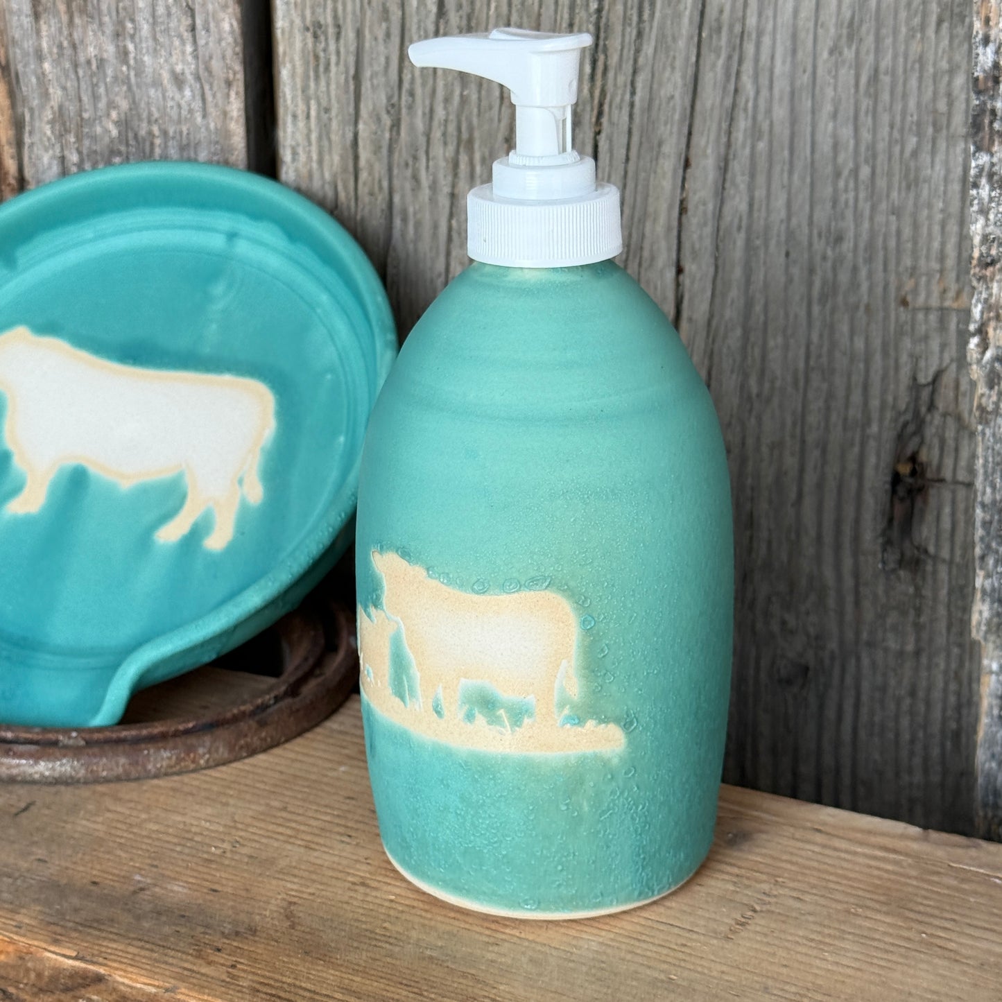 Soap dispenser and spoon rest -  Cattle in turquoise