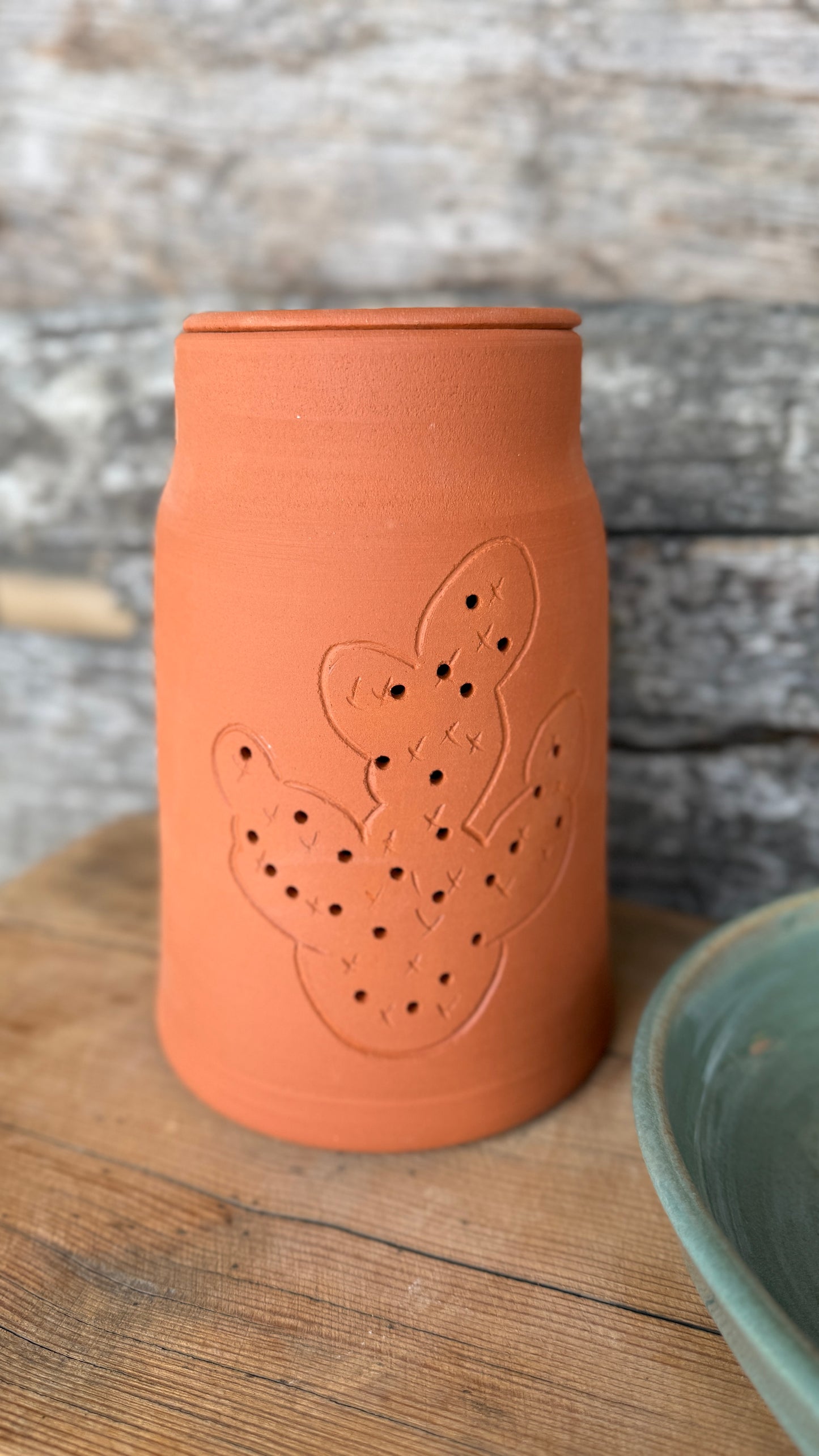 7” Prickly Pear Cactus Garlic Keeper and  Grate Plate