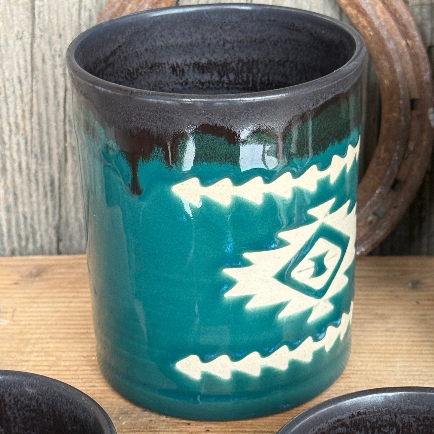 Cup Set of 4 - Southwestern Black and Turquoise Green