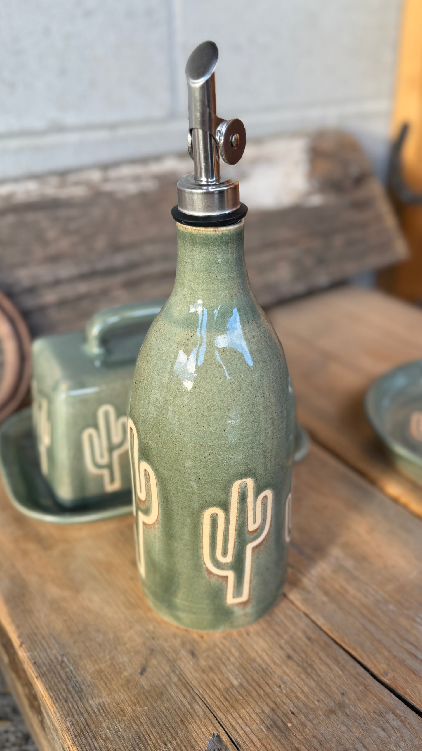 Set- Cactus Butter dish, spoon rest and oil bottle