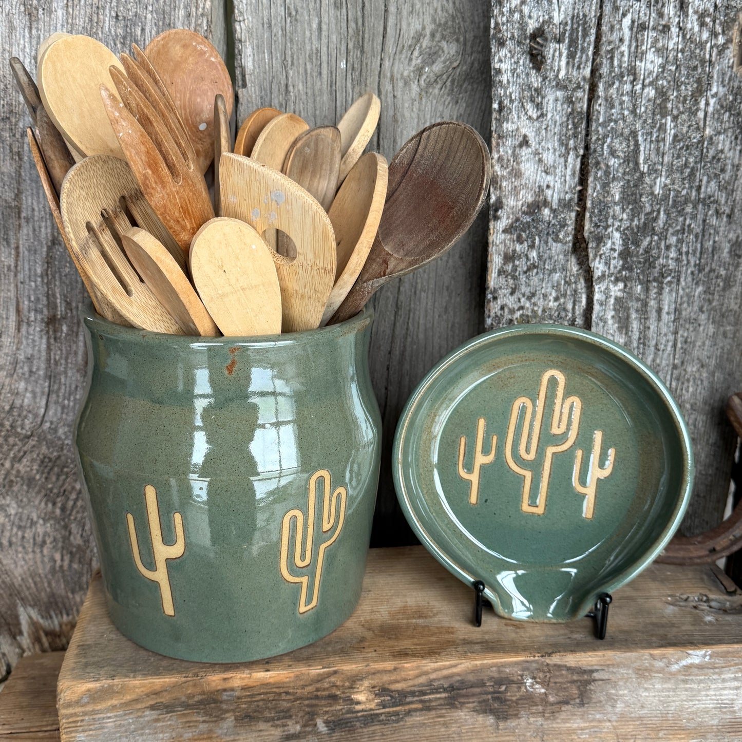 Kitchen Utensil Crock, spoon rest and Oil Bottle - Cactus Sagebrush