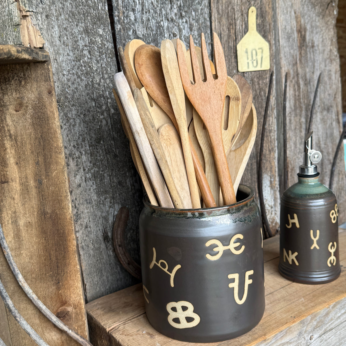 Kitchen Utensil Crock,and Oil Bottle - Leather/ Sagebrush Branded