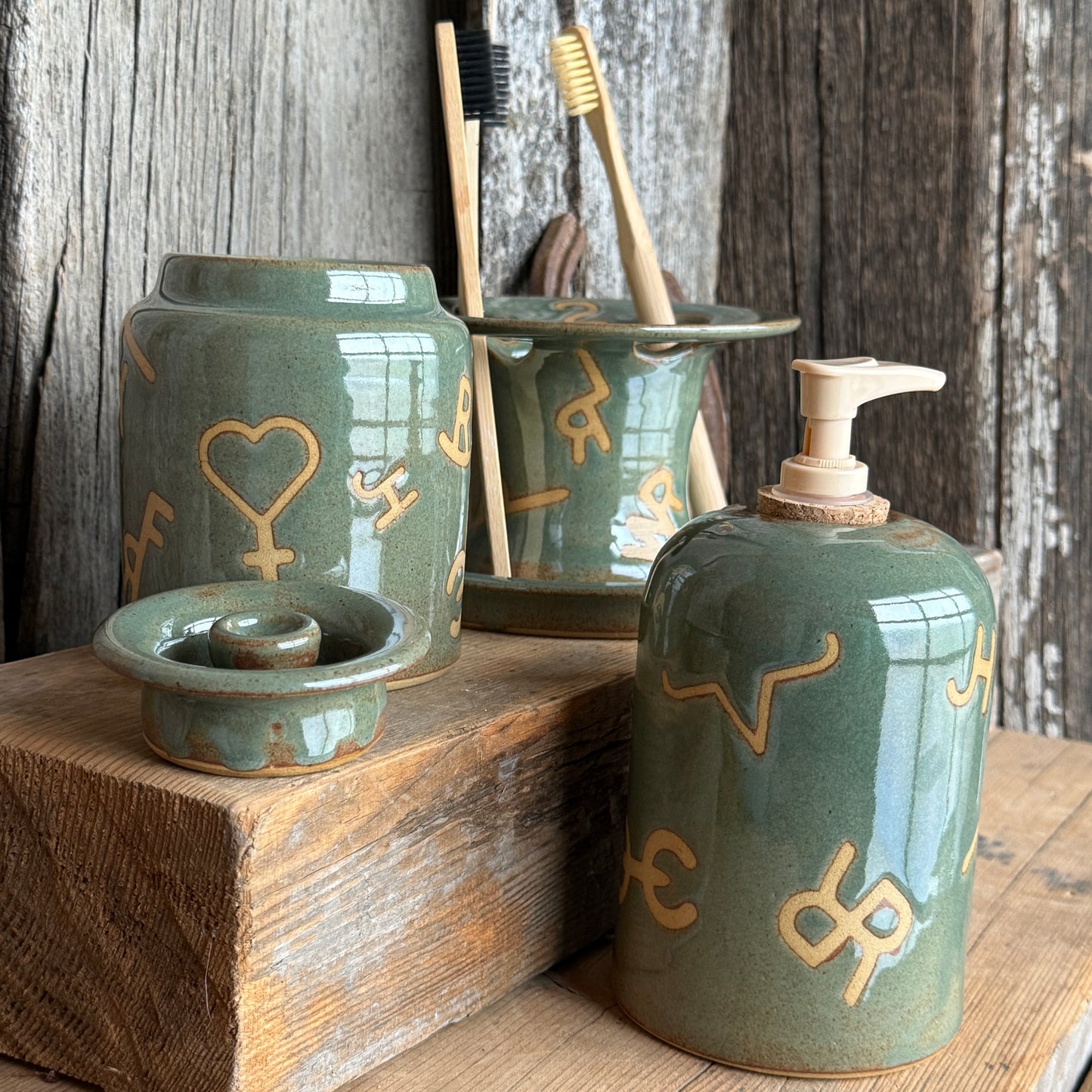 Bathroom Set of 3 - Soap Bottle, canister, and toothbrush holder - Branded Sagebrush