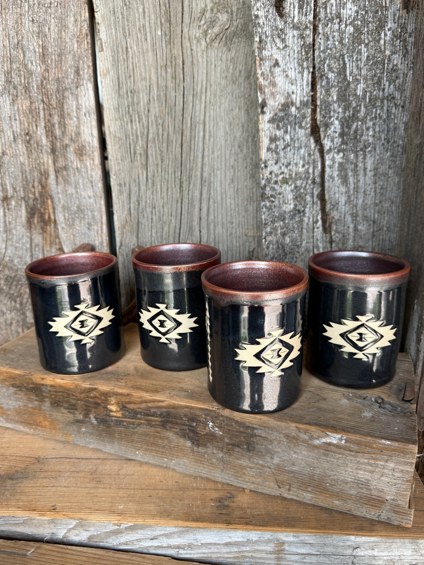 Cup Set of 4 - southwestern copper and gun medal