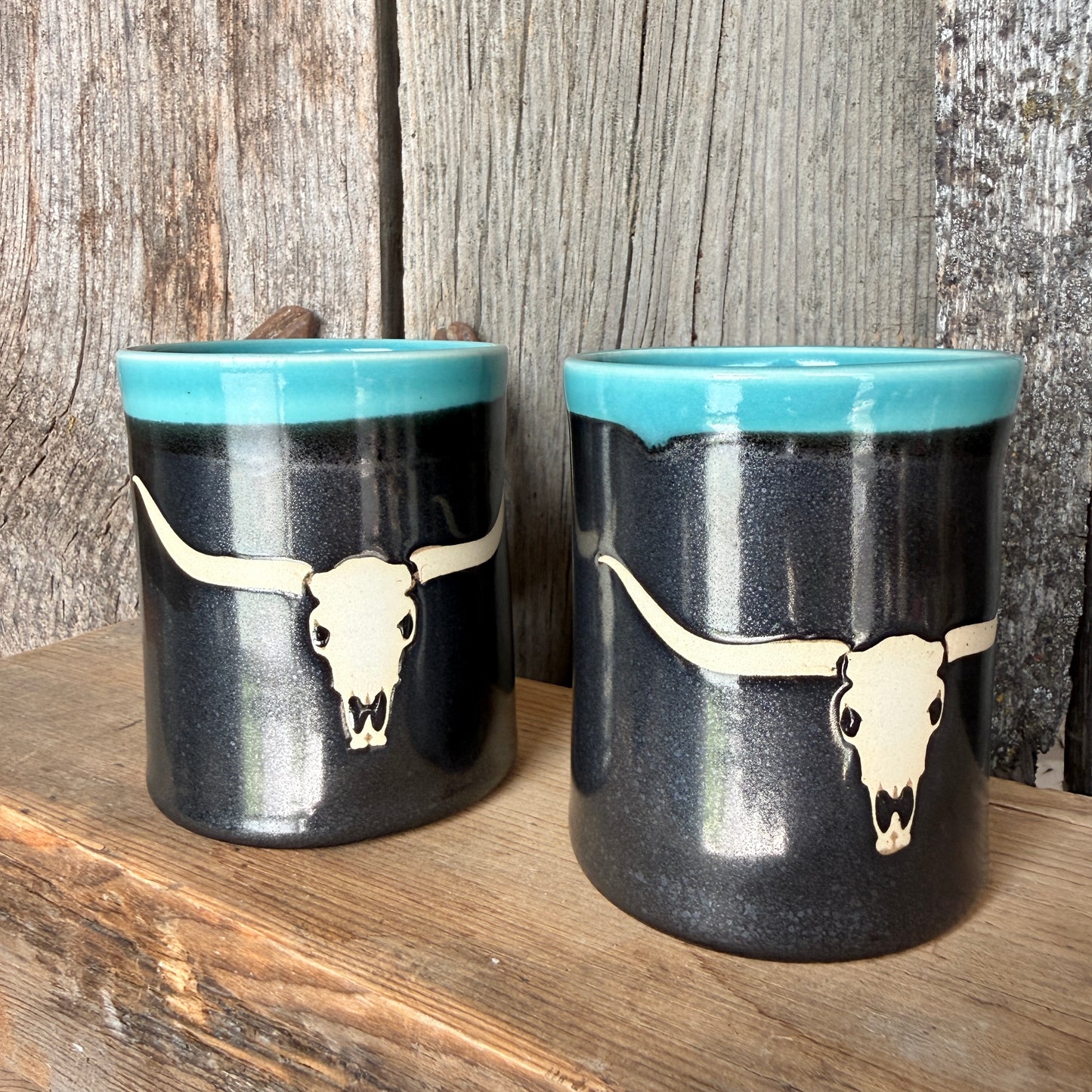 Cup Set of 2-  Longhorn skull Turquoise and Gunmetal
