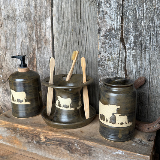 Bathroom Set of 3 - Soap Bottle, canister, and toothbrush holder - Cattle