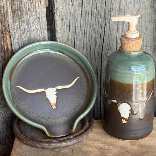 Soap dispenser and spoon rest -  skull Sagebrush and Leather