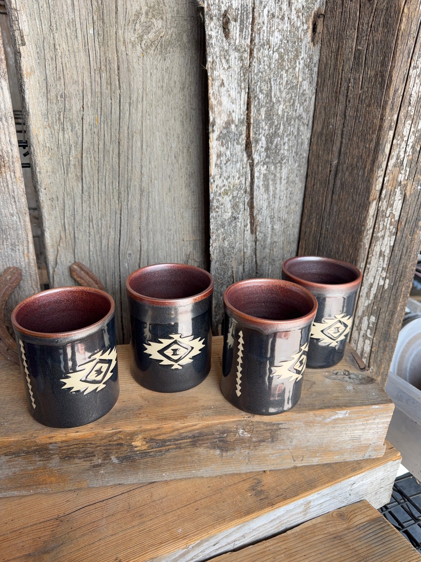 Cup Set of 4 - southwestern copper and gun medal