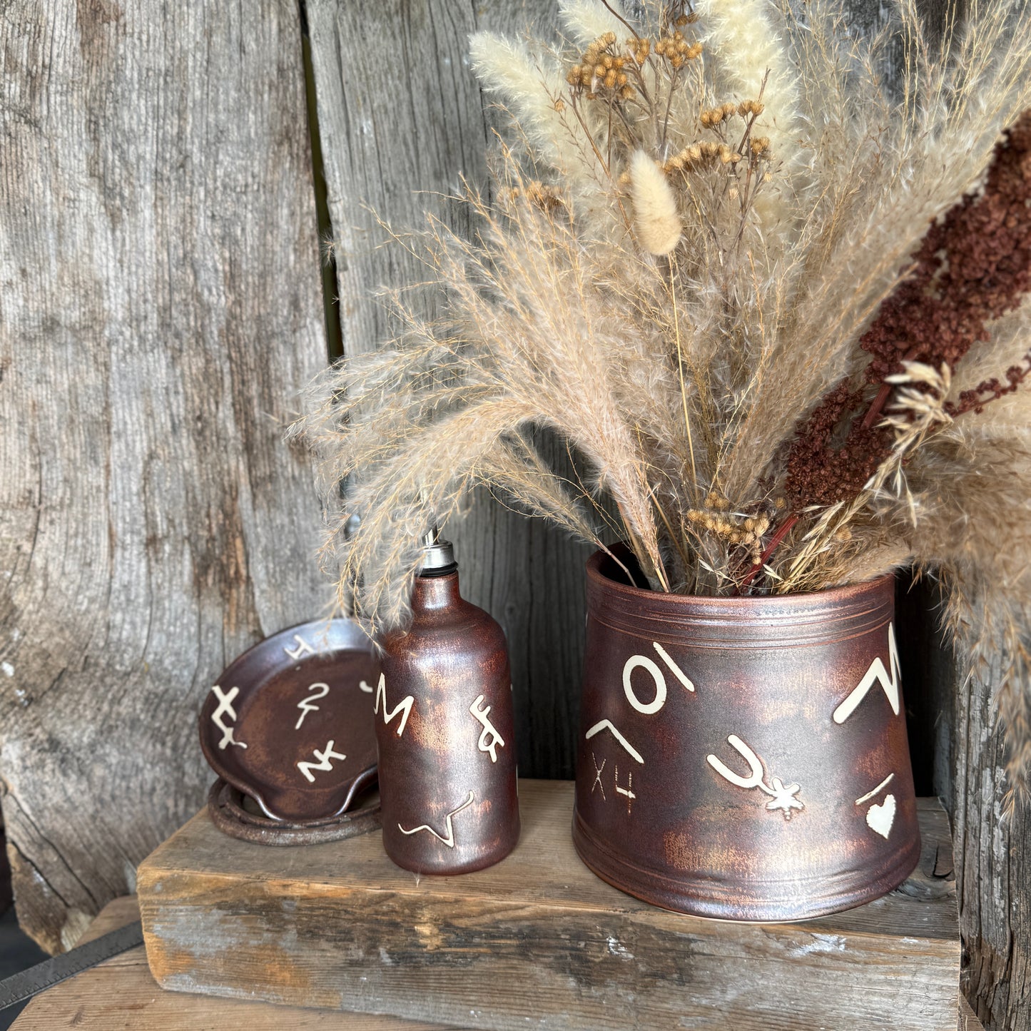 Kitchen Utensil Crock, spoon rest and Oil Bottle - Copper Branded