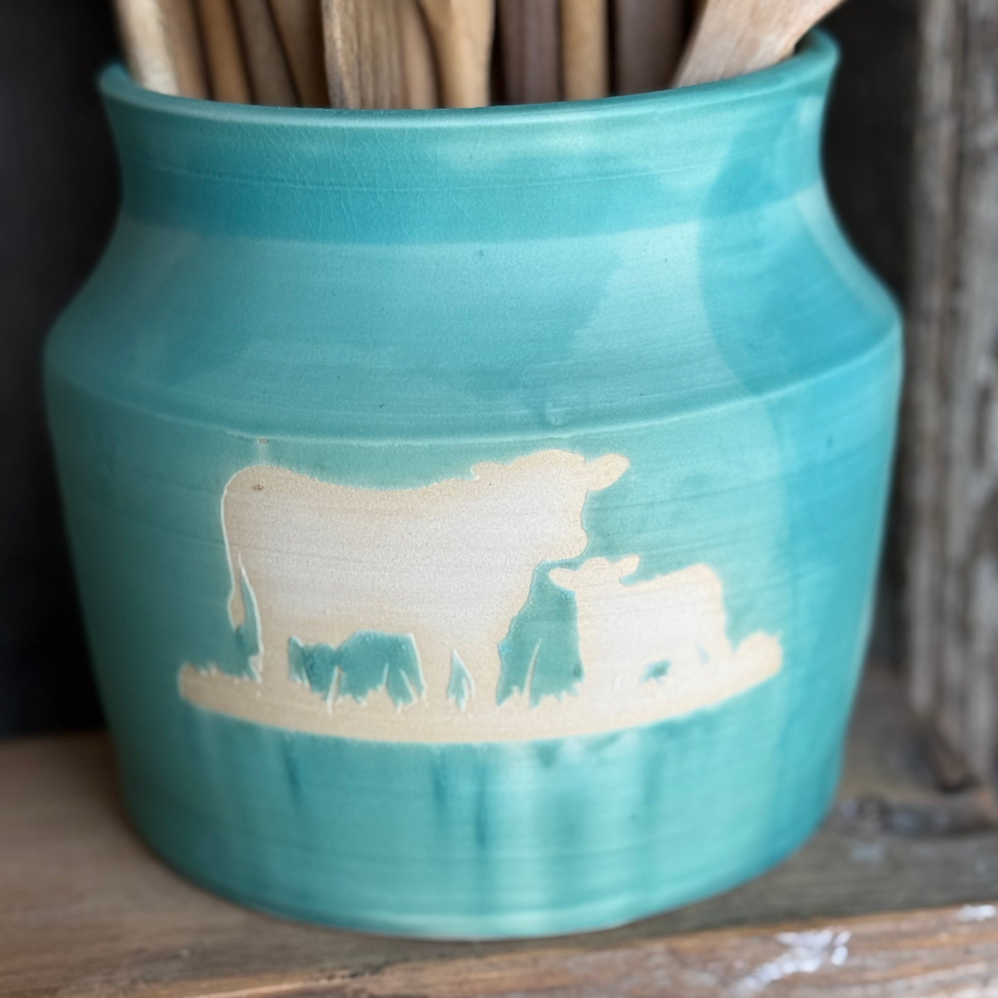 Kitchen Utensil Crock, spoon rest and Oil Bottle - turquoise cattle
