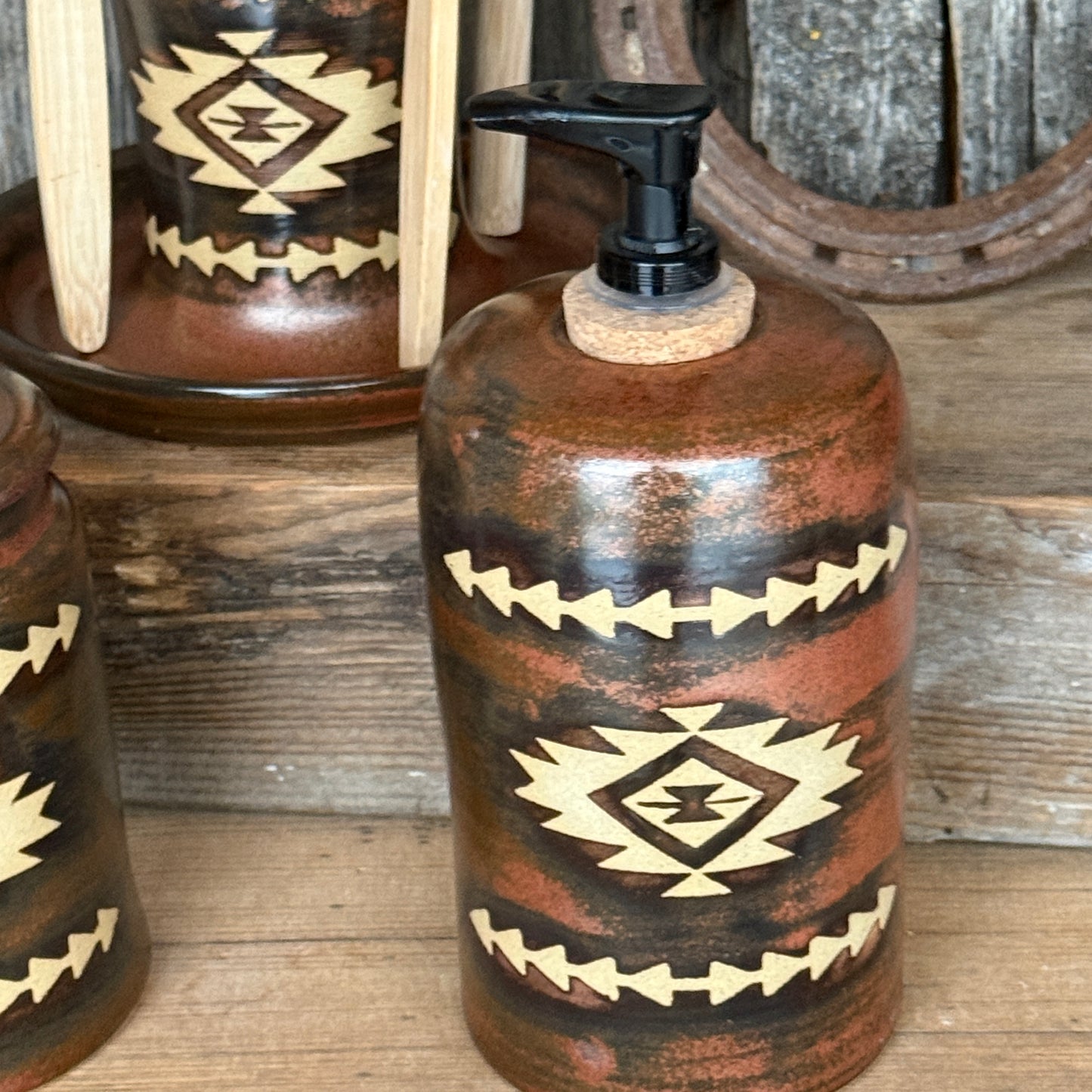 Bathroom Set of 3 - Soap Bottle, canister, and toothbrush holder - Southwestern Copper