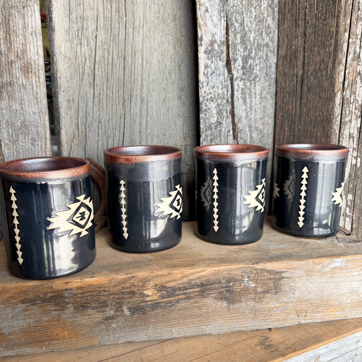 Cup Set of 4 - southwestern copper and gun medal