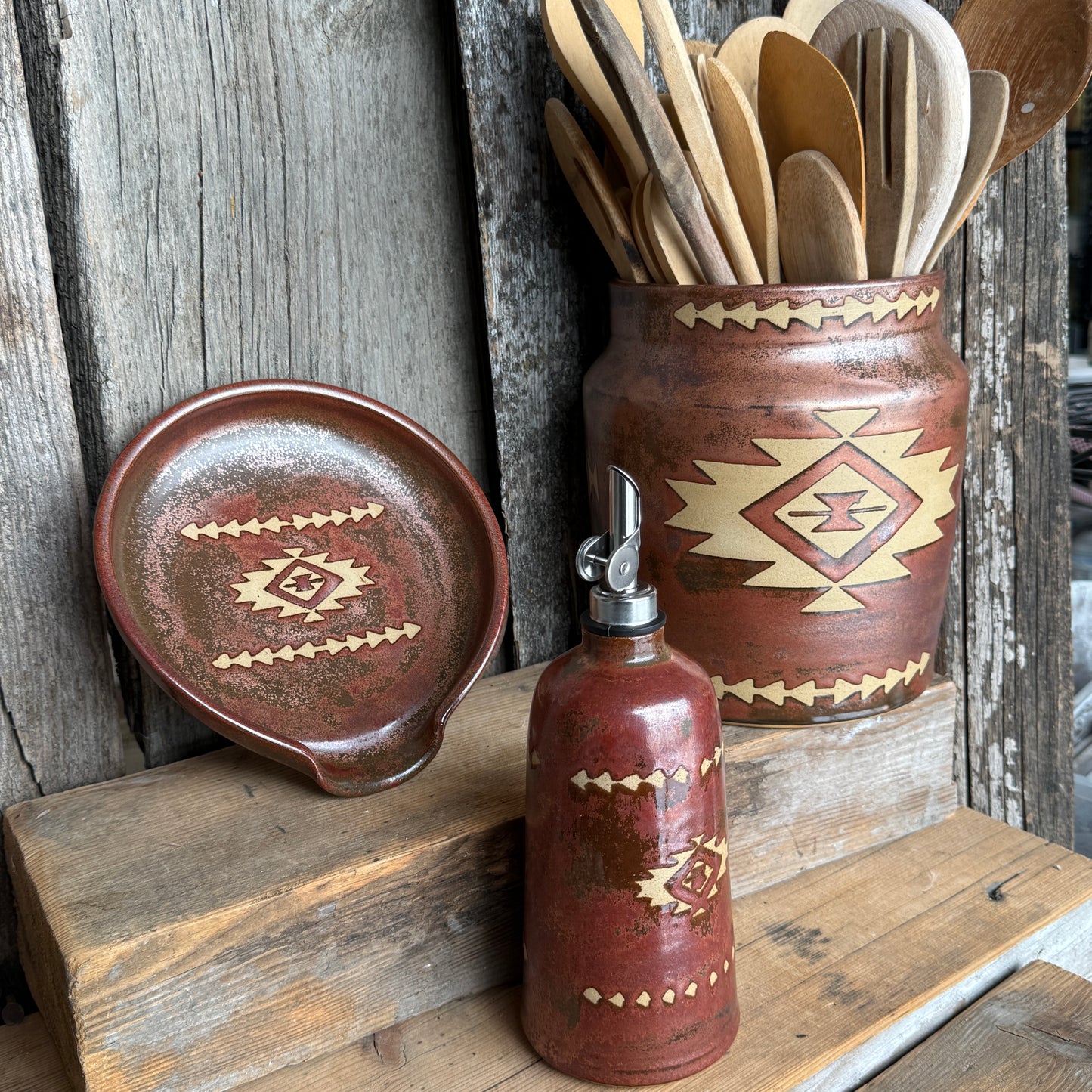 Kitchen Utensil Crock, spoon rest and Oil Bottle - Southwestern Copper