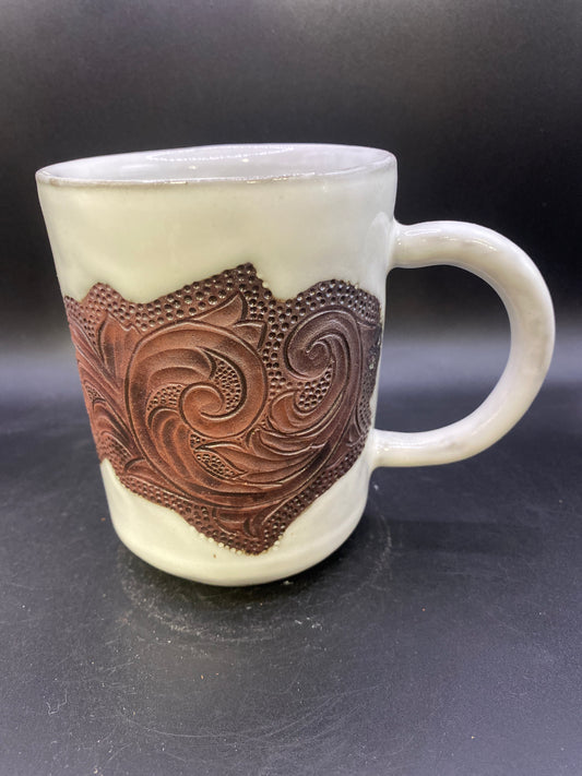 Carved Leather and White Mug