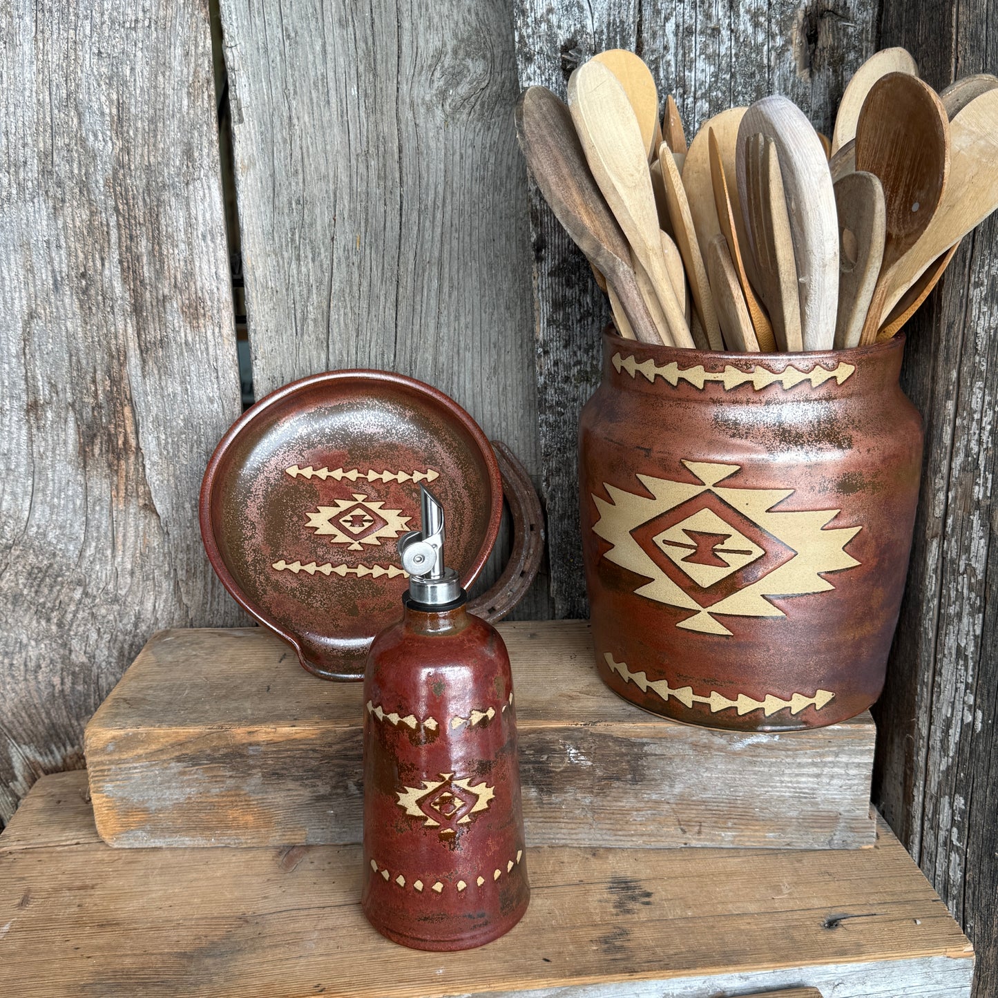 Kitchen Utensil Crock, spoon rest and Oil Bottle - Southwestern Copper