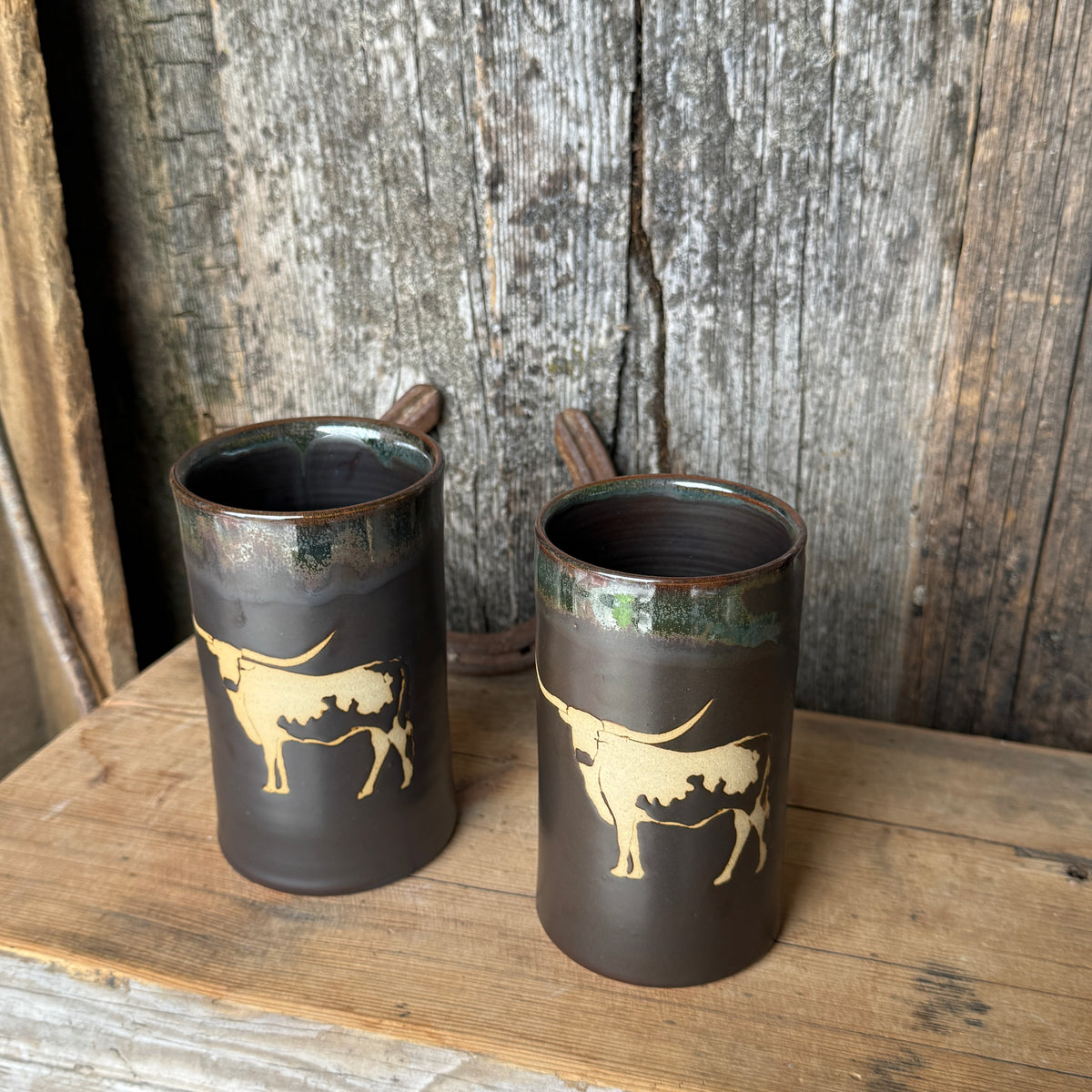 Cup Set of 2- Texas Longhorn Leather