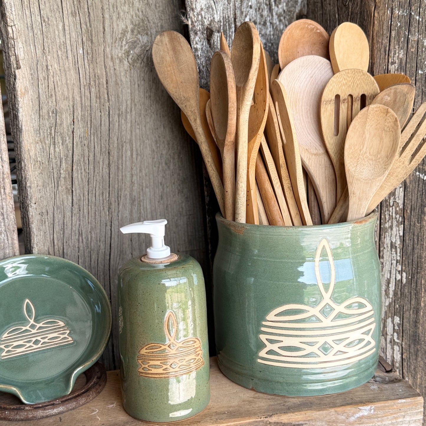 Kitchen Utensil Crock, soap, dispenser and Oil Bottle - Sagebrush Boot Stitch