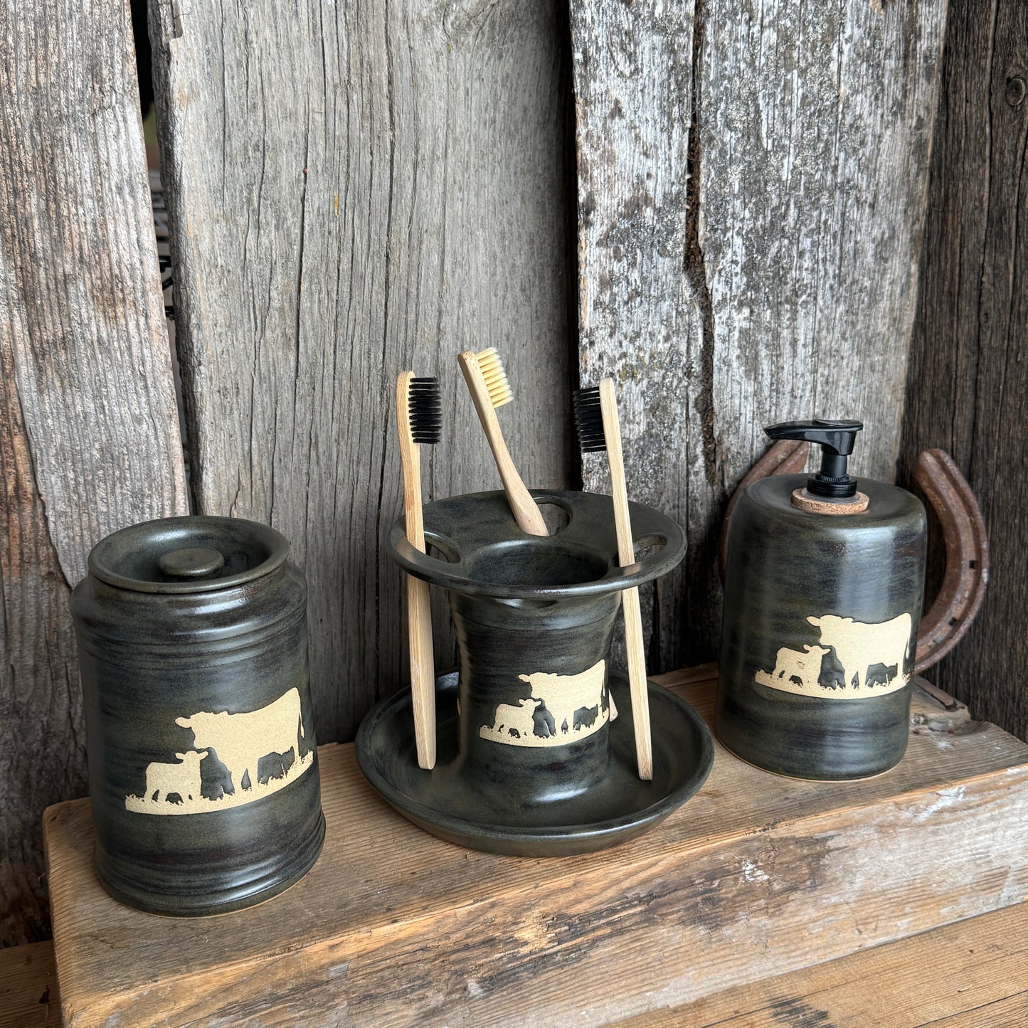 Bathroom Set of 3 - Soap Bottle, canister, and toothbrush holder - Cattle Chicory