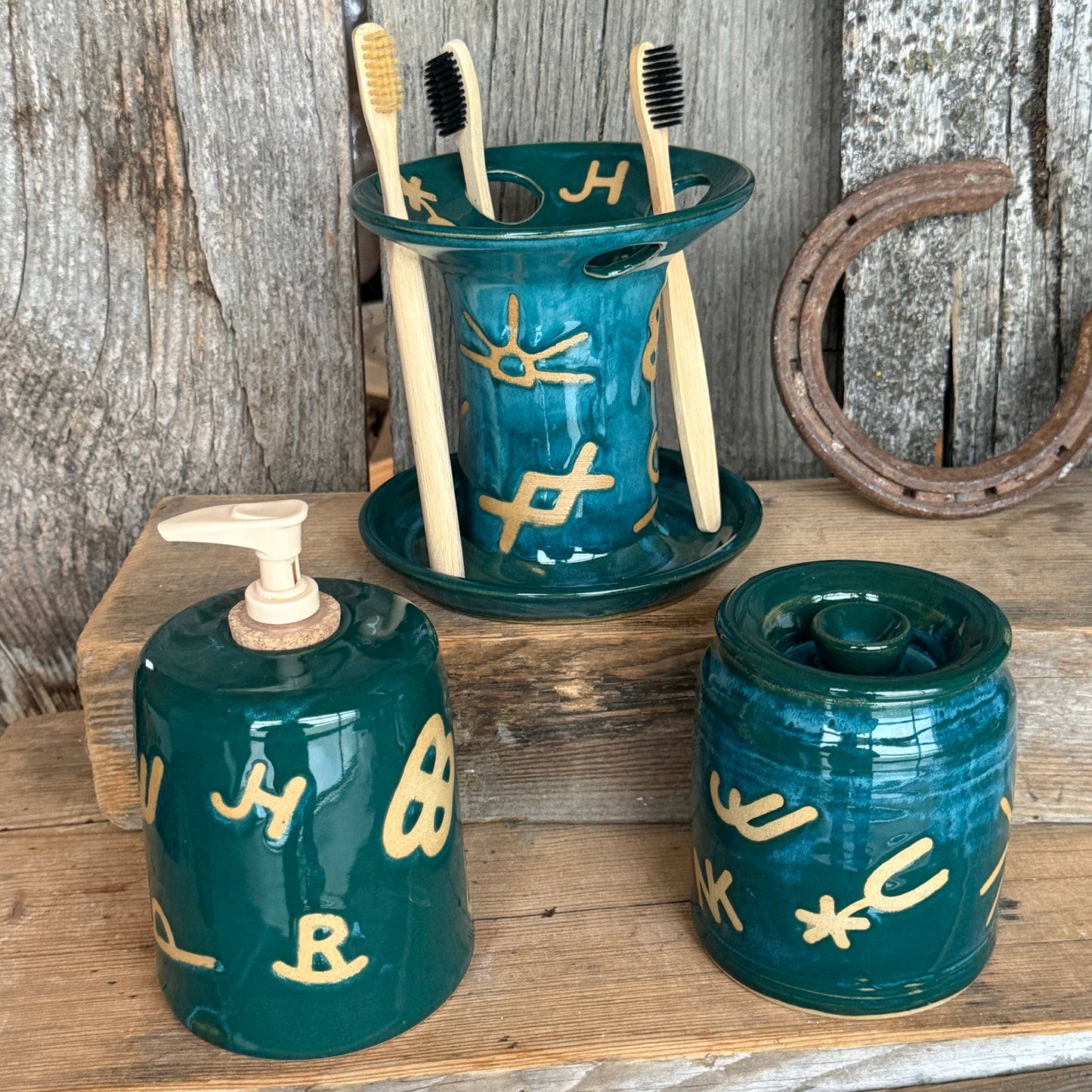 Bathroom Set of 3 - Soap Bottle, canister, and toothbrush holder - Branded Green Turquoise