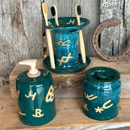 Bathroom Set of 3 - Soap Bottle, canister, and toothbrush holder - Branded Green Turquoise
