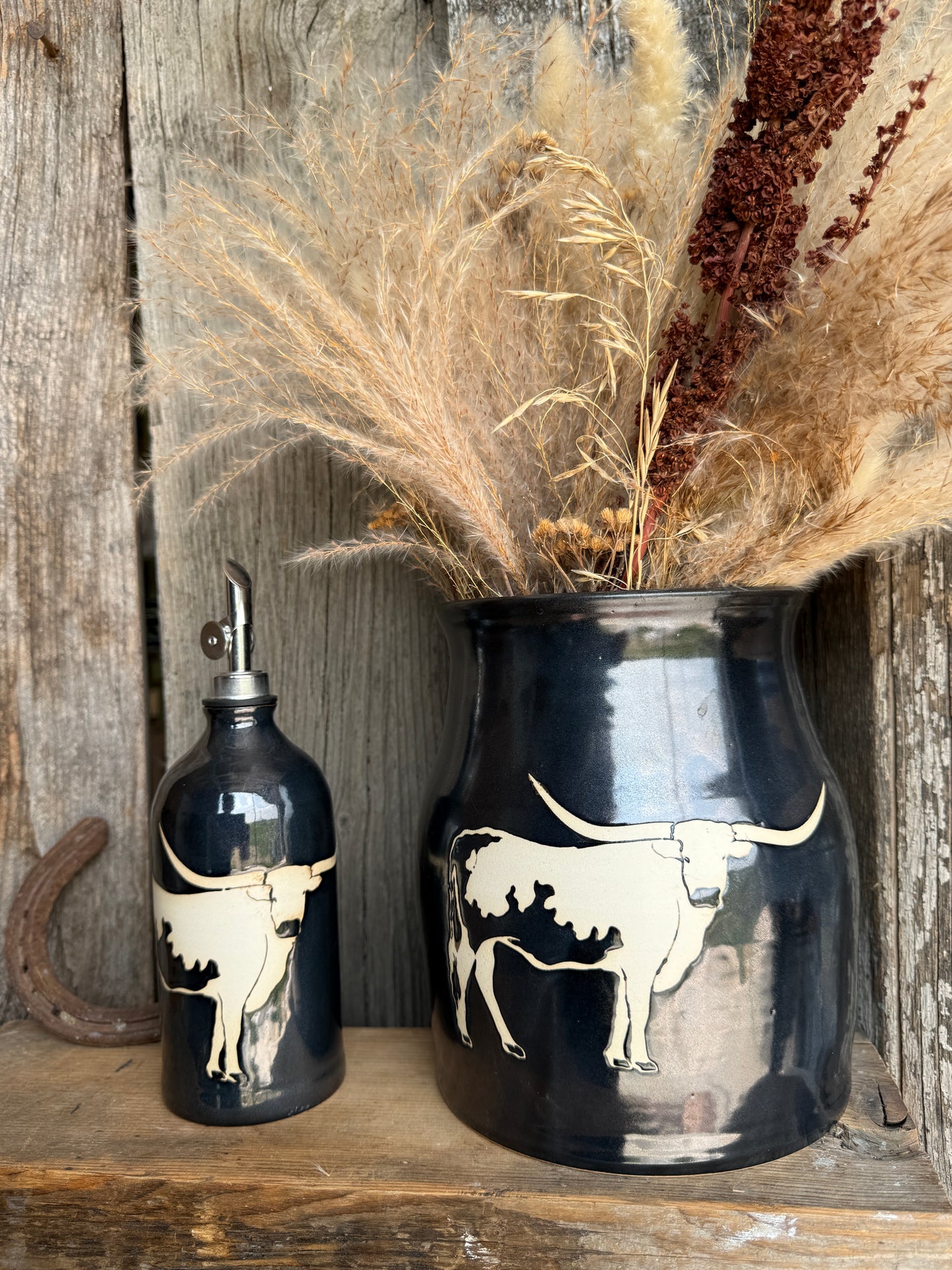 Kitchen Utensil Crock,and Oil Bottle - gunmetal Longhorn