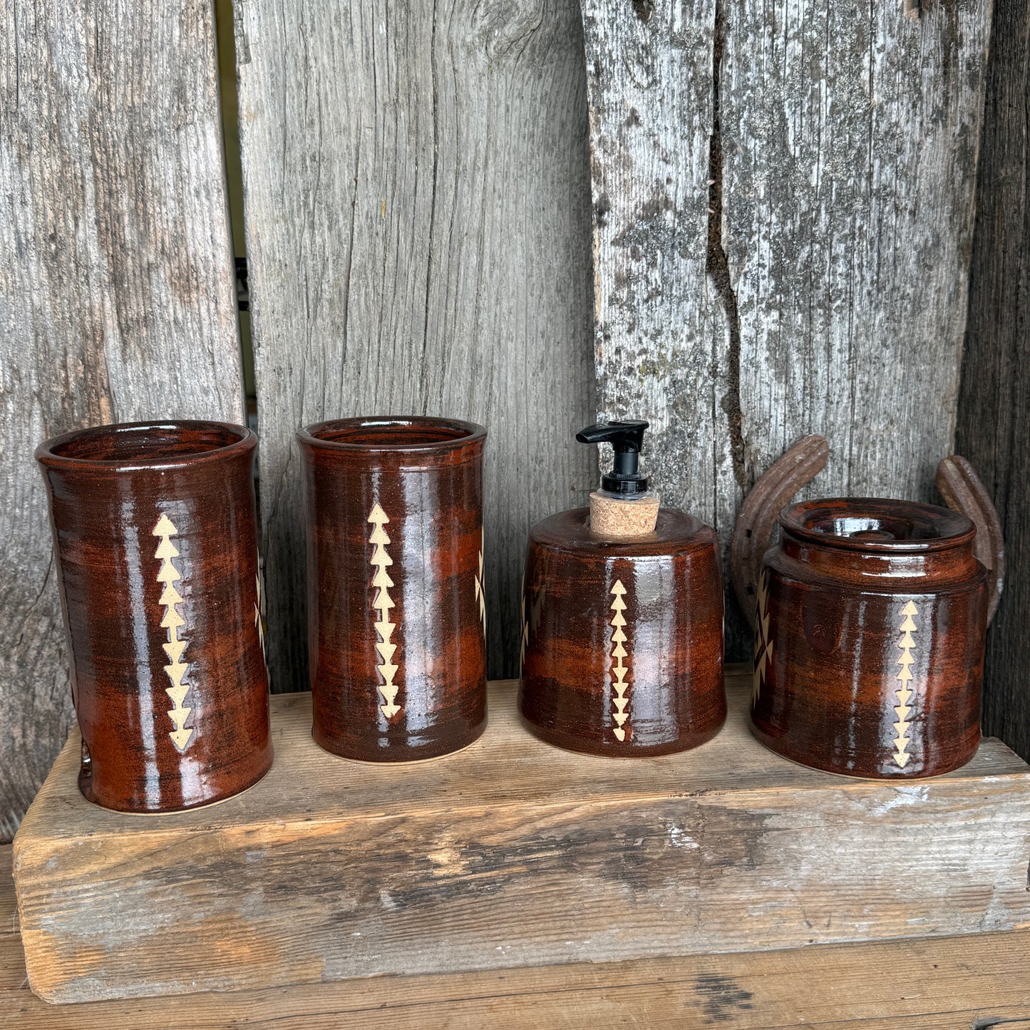Bathroom Set of 4 - Soap Bottle, canister, and two electic toothbrush holders - Southwestern Rust