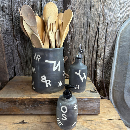 Kitchen crock set with oil and soap bottle- River Rock Branded