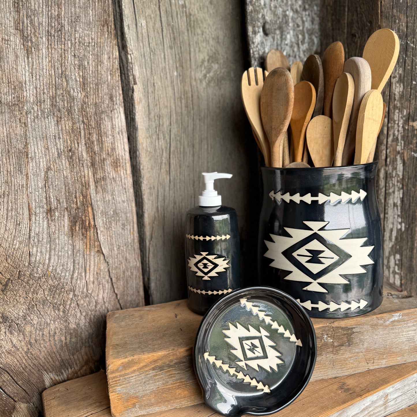Kitchen Utensil Crock, spoon rest and soap dispenser- gunmetal southwestern