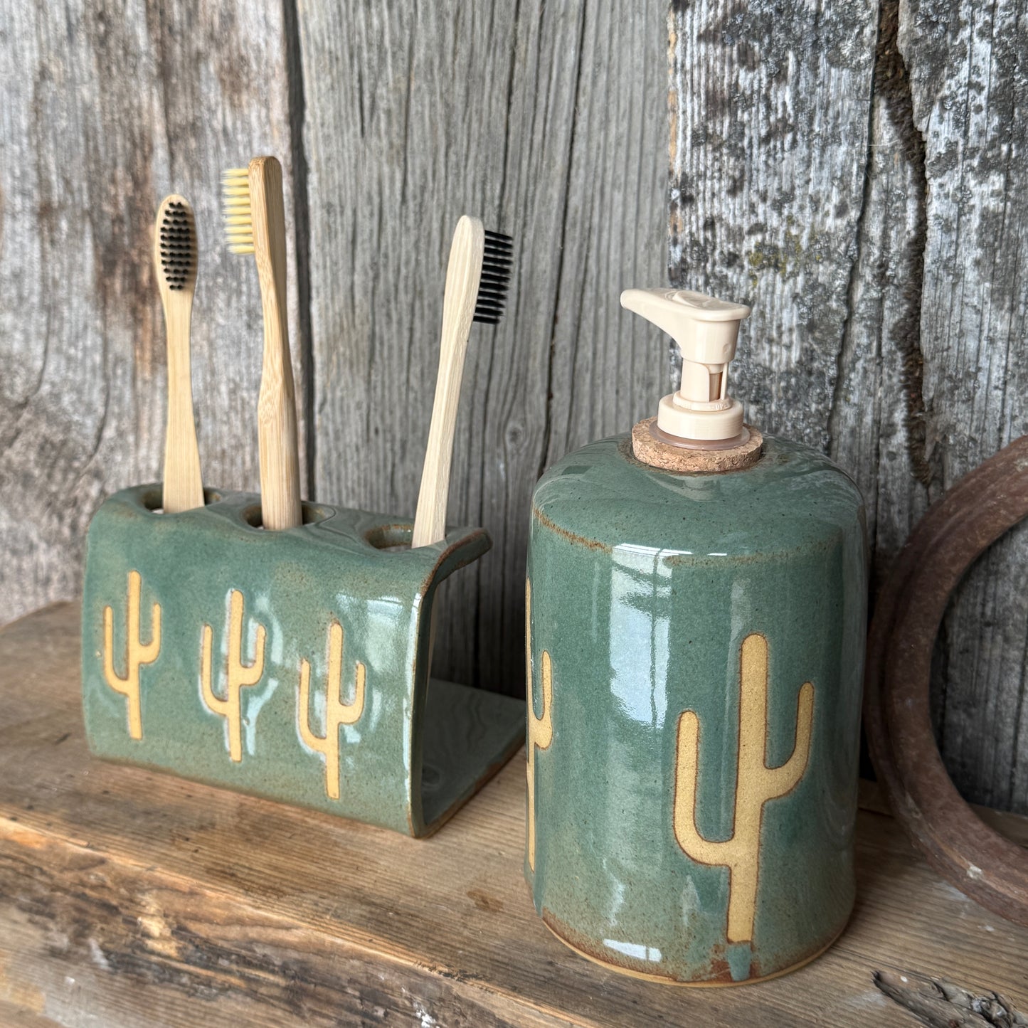 Bathroom Set of 2 - Soap Bottle, toothbrush holder - Cactus Sagebrush