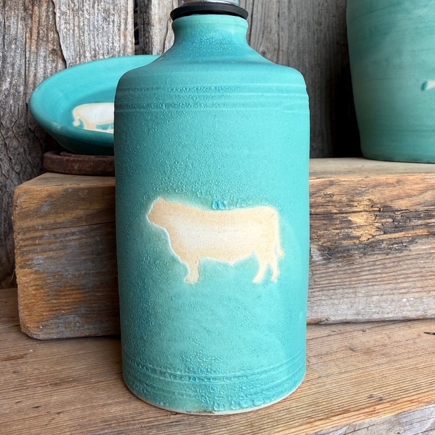 Kitchen Utensil Crock, spoon rest and Oil Bottle - turquoise cattle