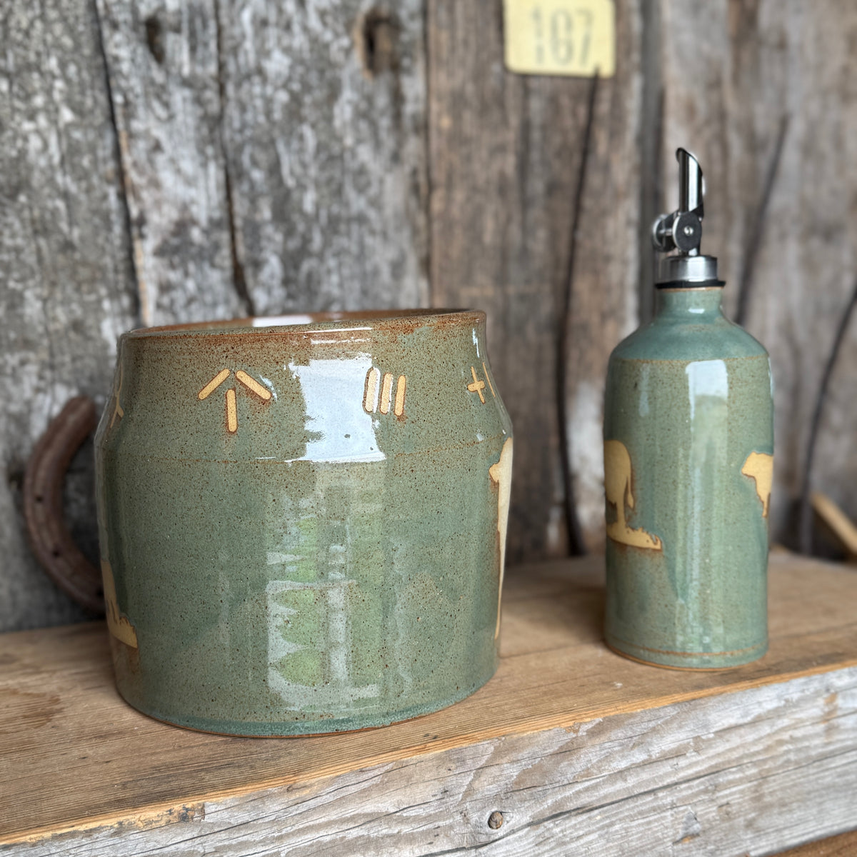 Kitchen Utensil Crock, spoon rest and oil bottle- Sagebrush Branded Cattle