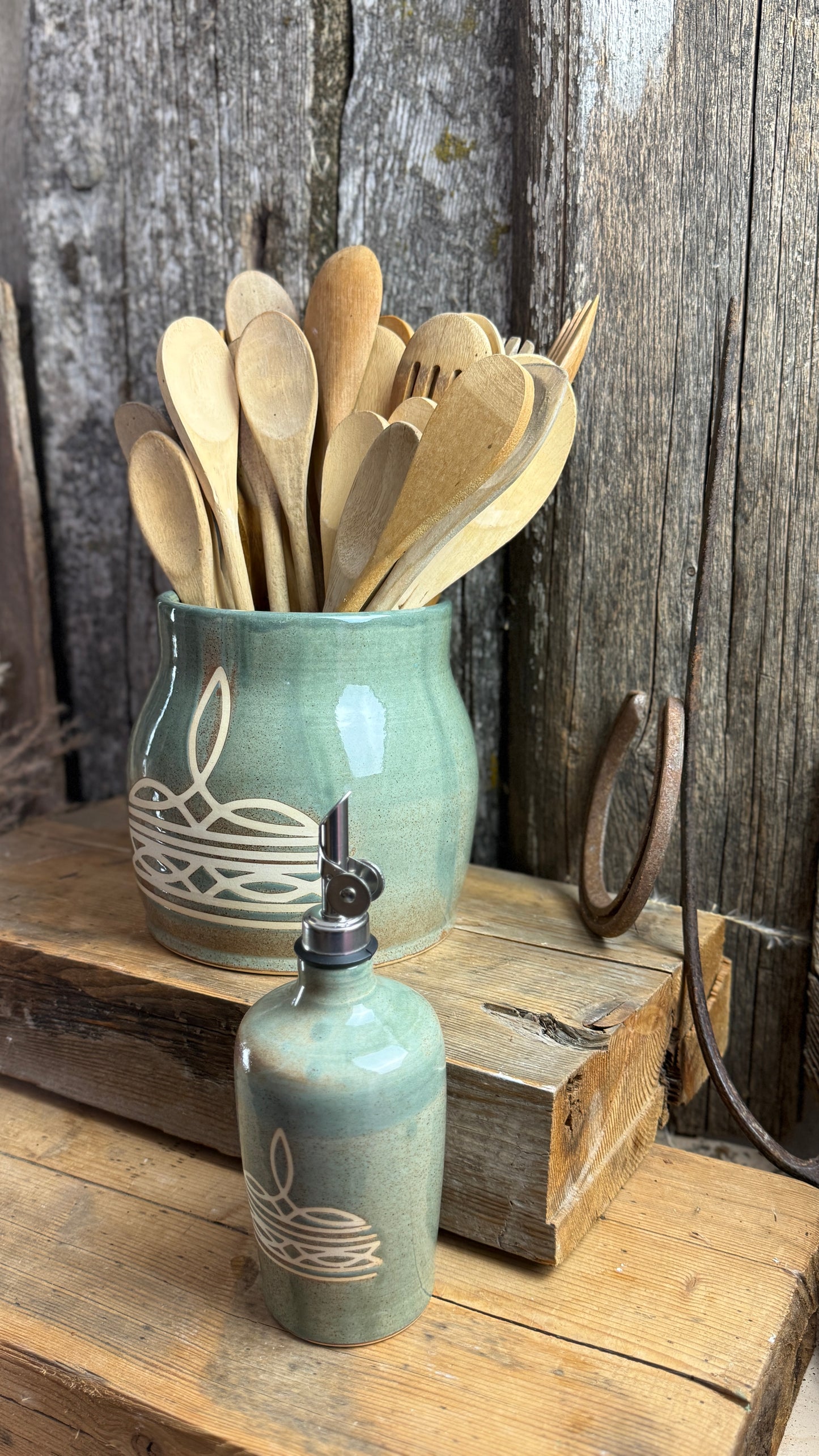 Kitchen Utensil Crock and oil bottle  - Bootstitch Sagebrush