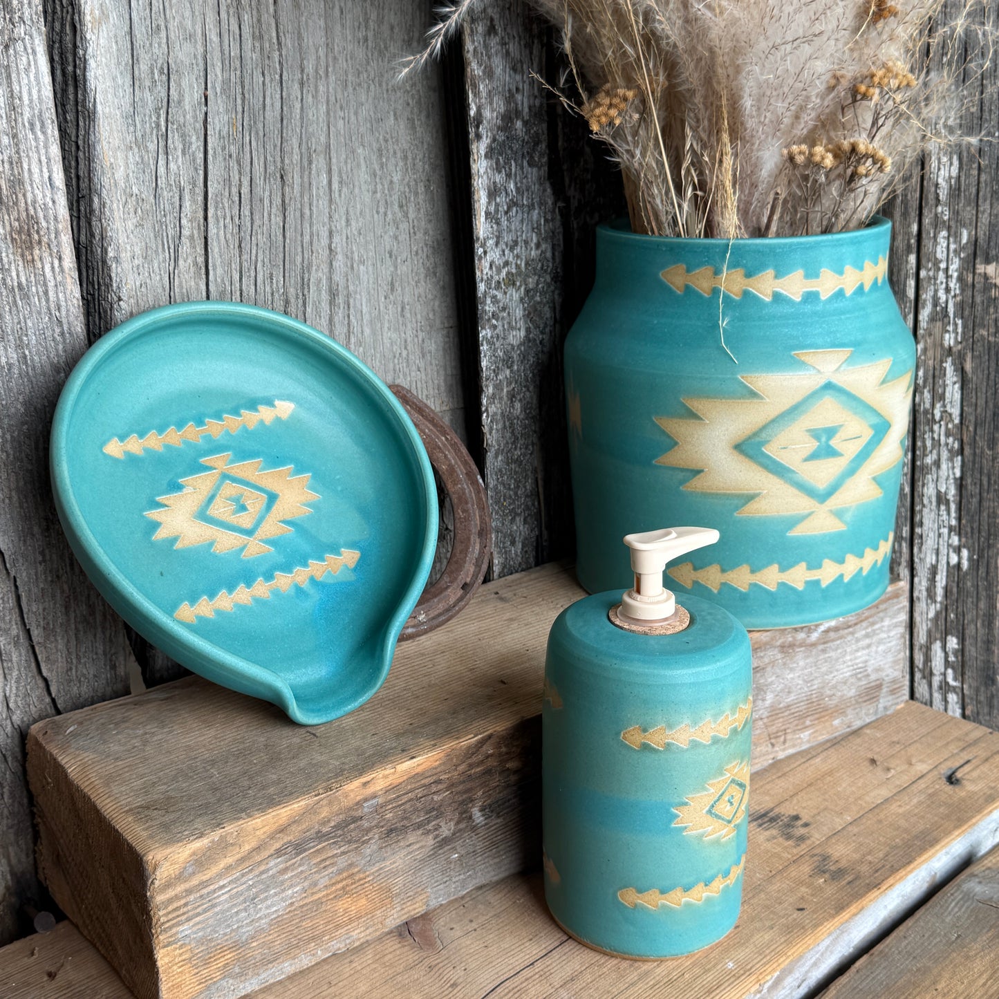 Kitchen Utensil Crock, spoon rest and soap dispenser Southwestern Turquoise