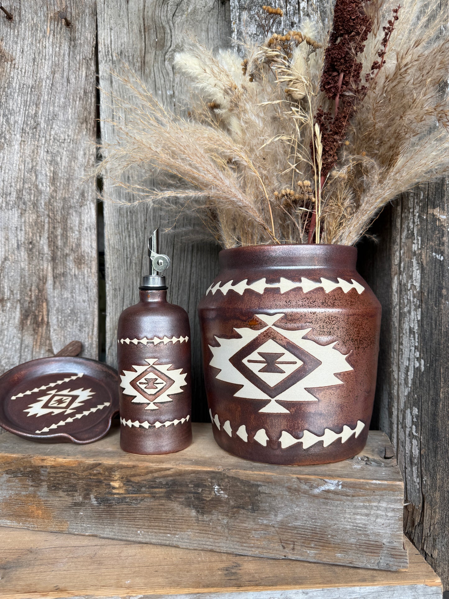 Kitchen Utensil Crock, spoon rest and Oil Bottle - Copper Southwestern