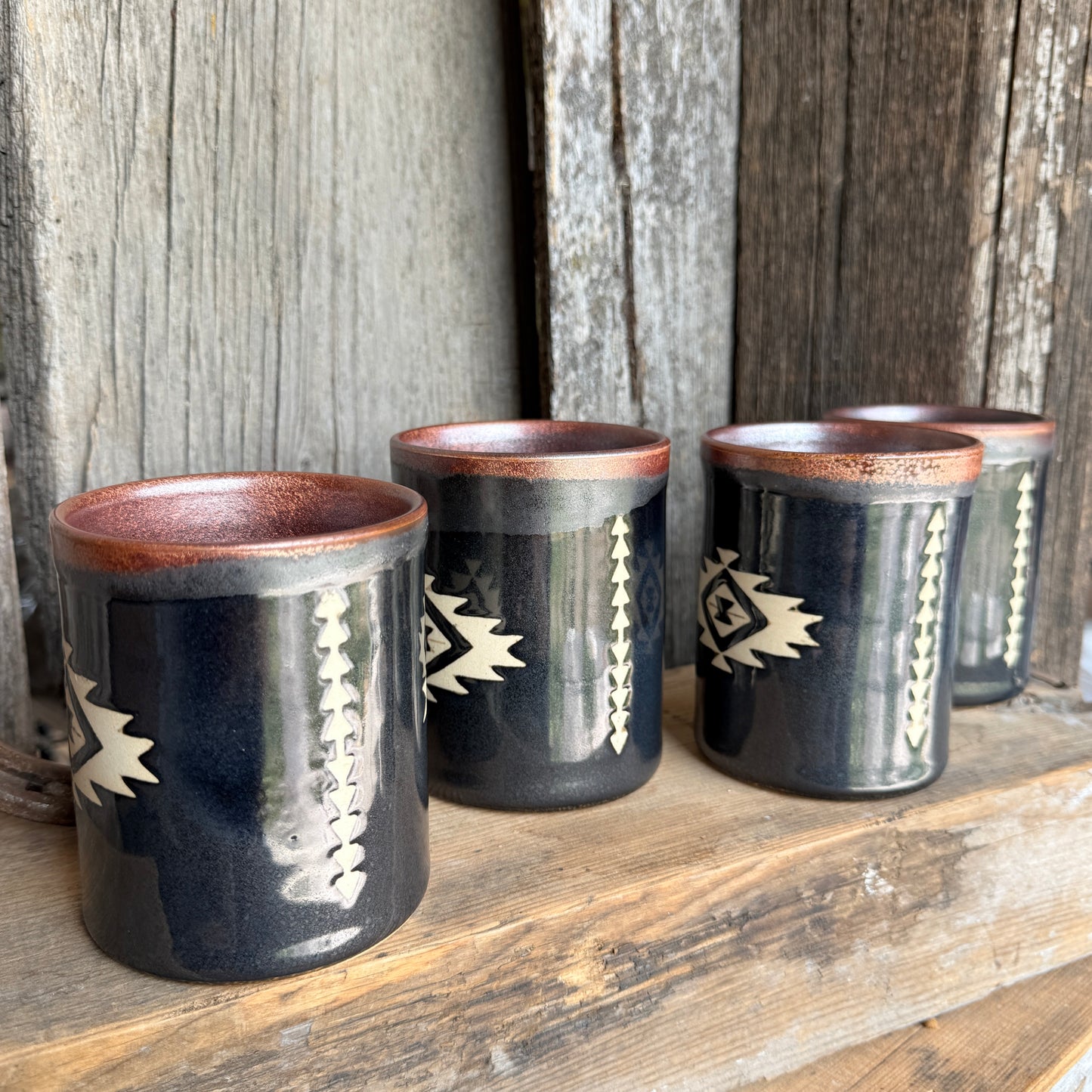 Cup Set of 4 - southwestern copper and gun medal