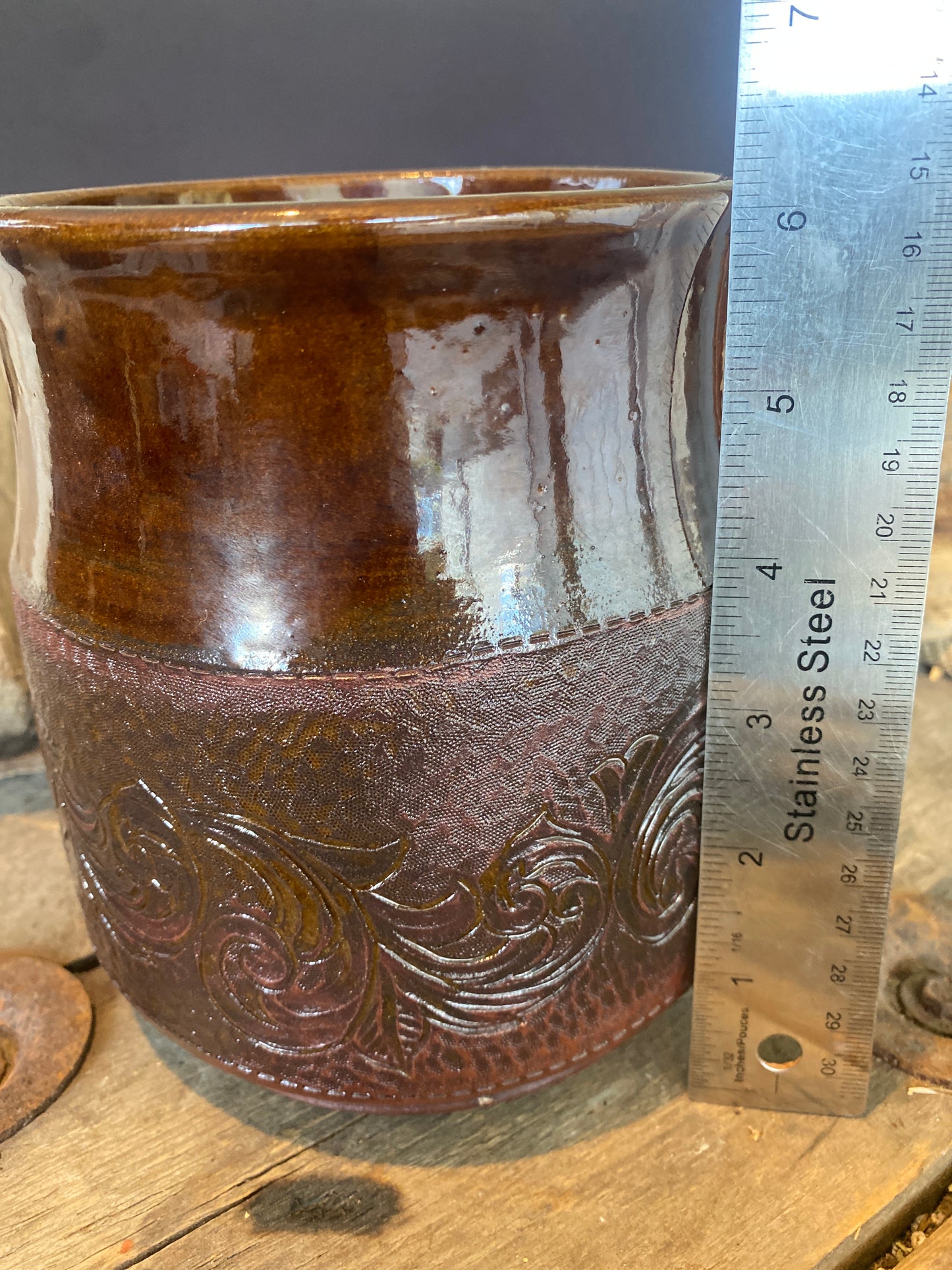 Carved Leather Kitchen Crock