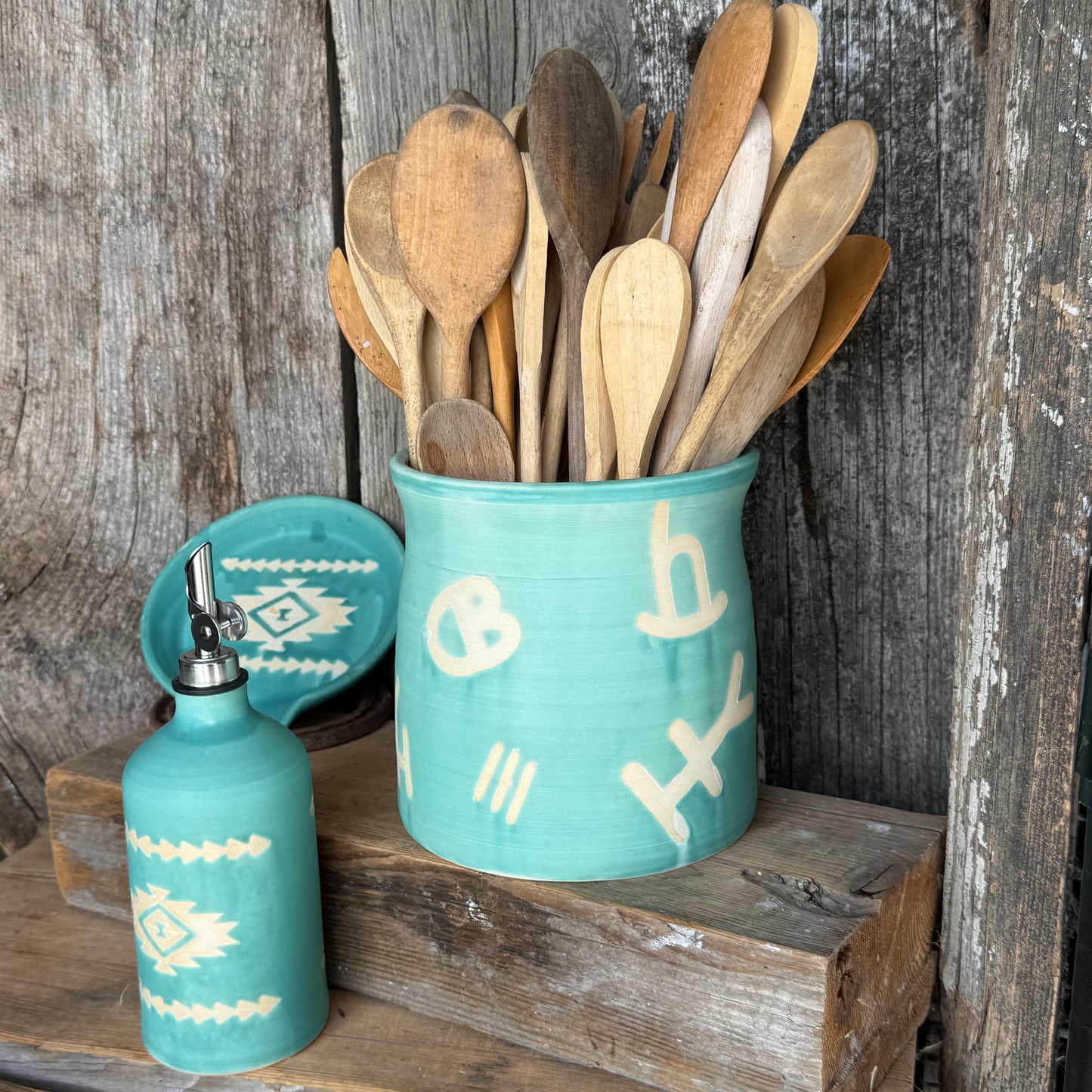 Kitchen Utensil Crock, spoon rest and Oil Bottle - turquoise