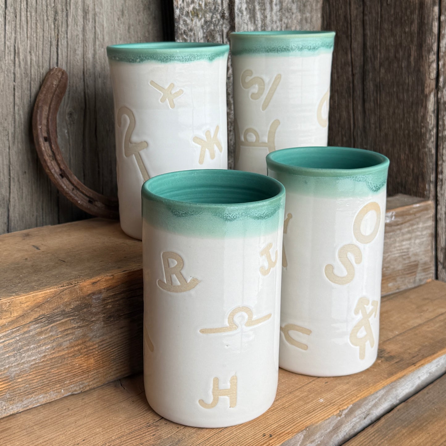 Cup Set of 4 - Branded  White and Turquoise