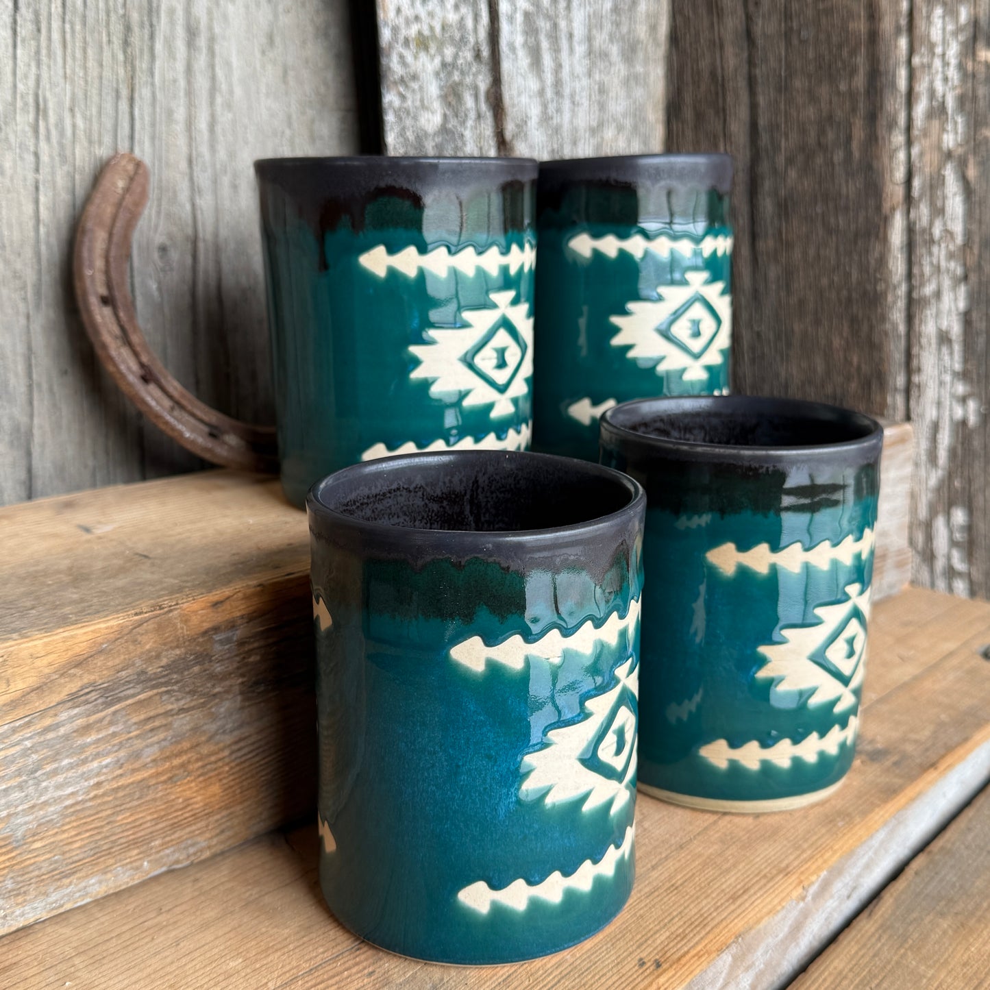 Cup Set of 4 - Southwestern Black and Turquoise Green