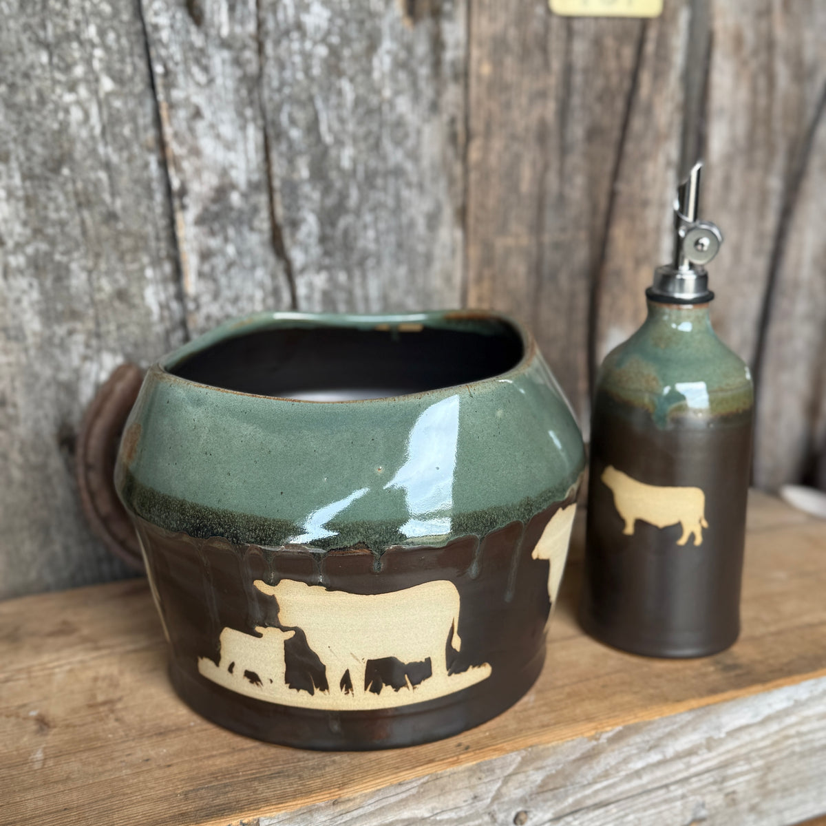 Kitchen Utensil Crock,and Oil Bottle - Leather/ Sagebrush Cattle