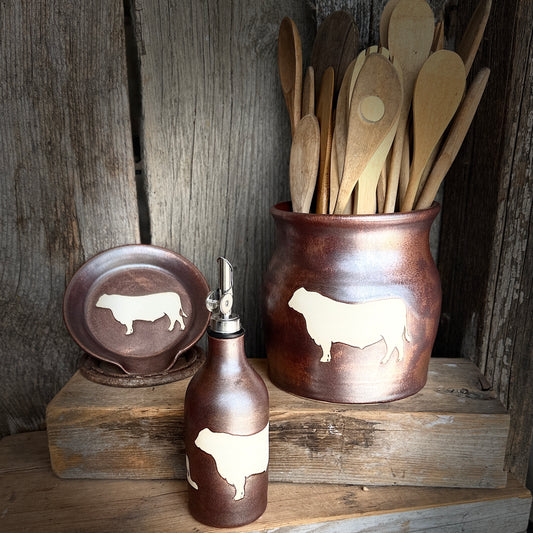 Kitchen Utensil Crock, spoon rest and Oil Bottle - Copper Cattle