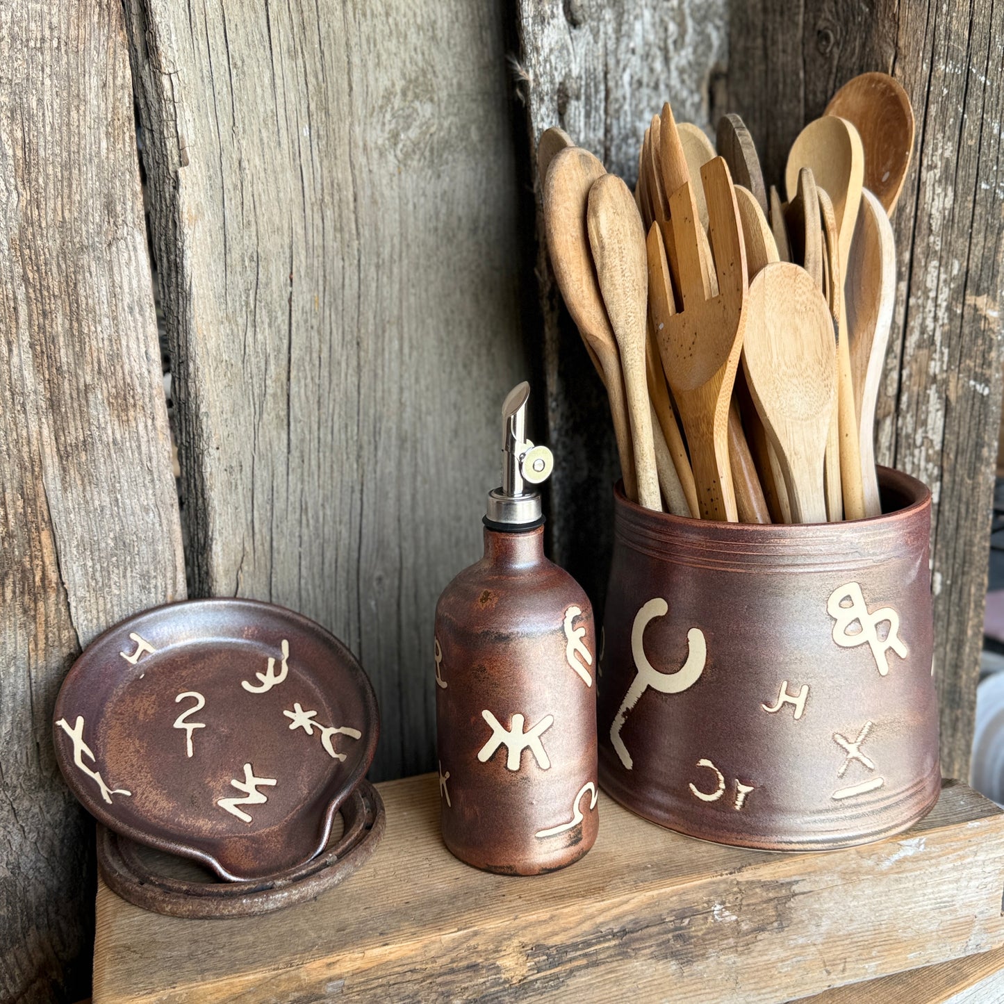 Kitchen Utensil Crock, spoon rest and Oil Bottle - Copper Branded