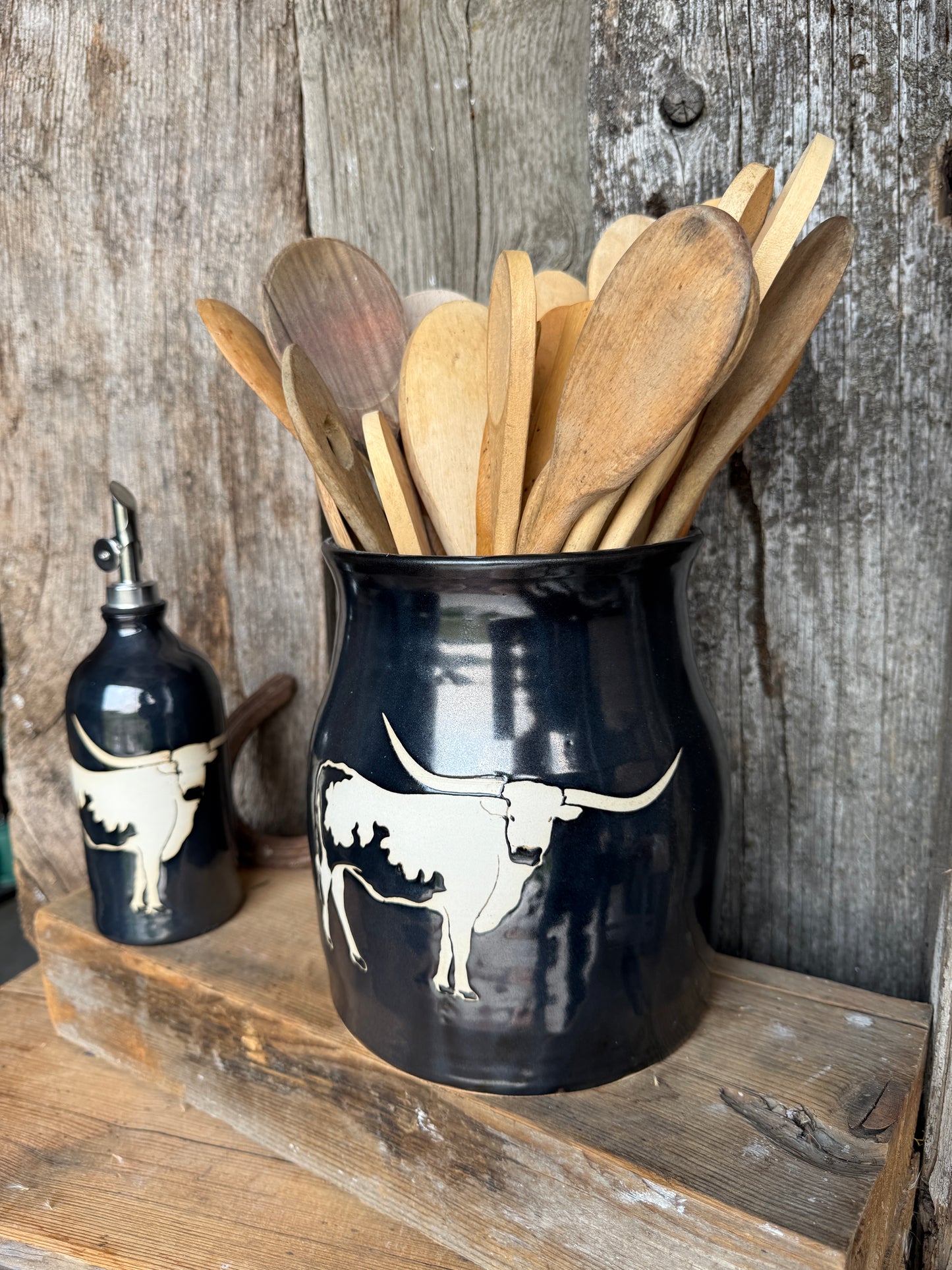 Kitchen Utensil Crock,and Oil Bottle - gunmetal Longhorn