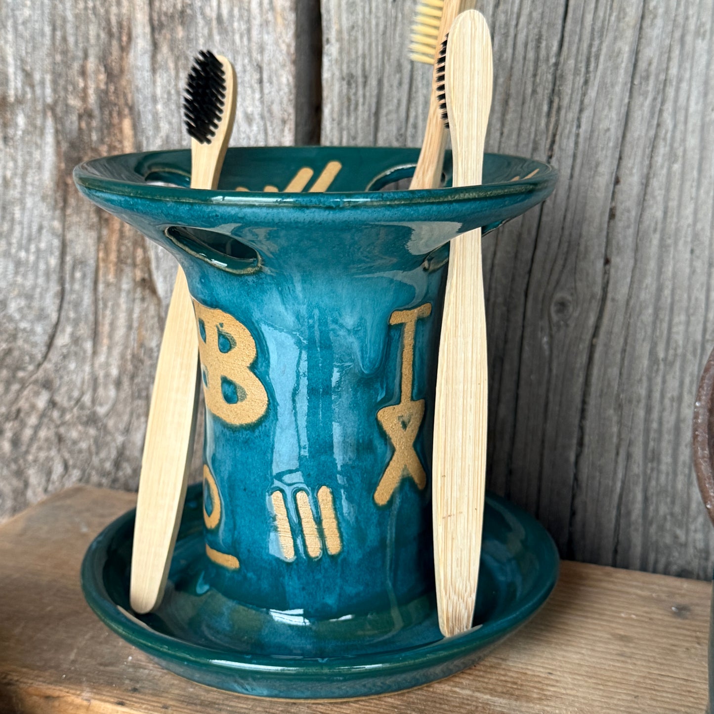 Bathroom Set of 3 - Soap Bottle, canister, and toothbrush holder - Branded Green Turquoise