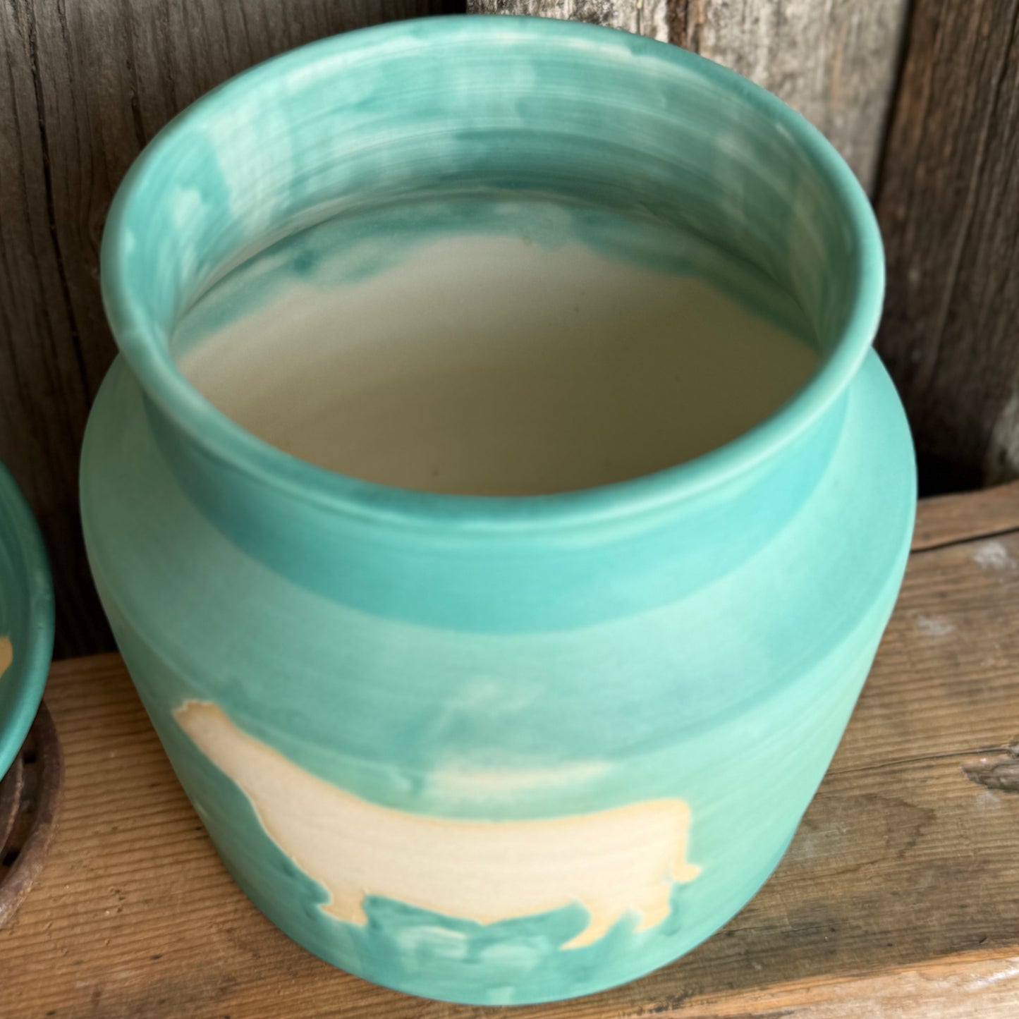 Kitchen Utensil Crock, spoon rest and Oil Bottle - turquoise cattle