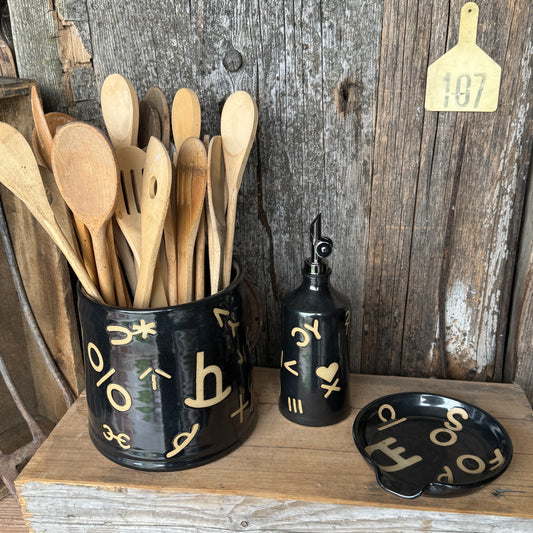 Kitchen Utensil Crock, spoon rest and oil bottle- Gunmetal Branded